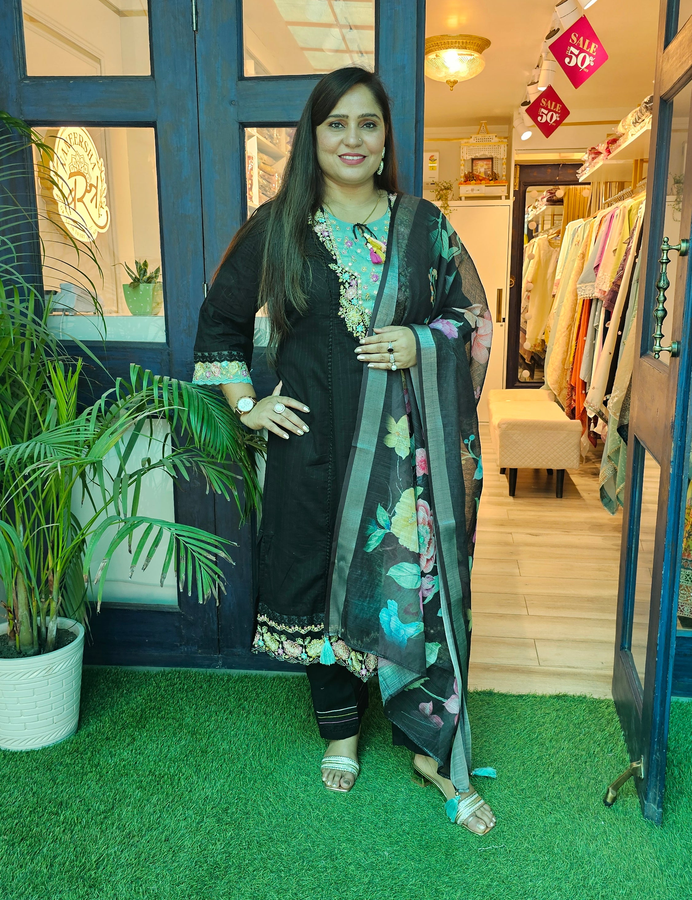 Elegant A-Line Cotton Kurta Set with Embroidery & Printed Tissue Linen Dupatta