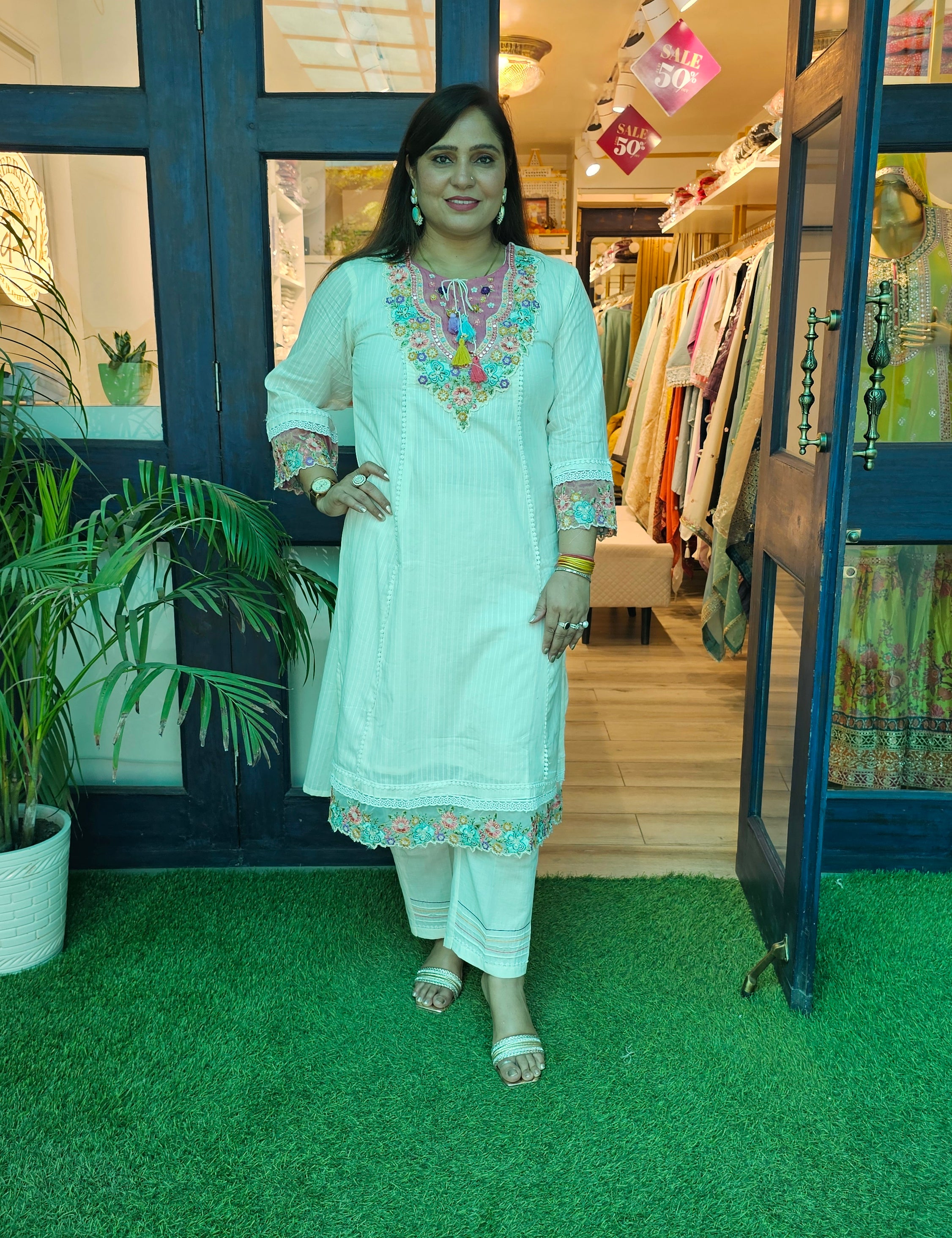 Elegant A-Line Cotton Kurta Set with Embroidery & Printed Tissue Linen Dupatta