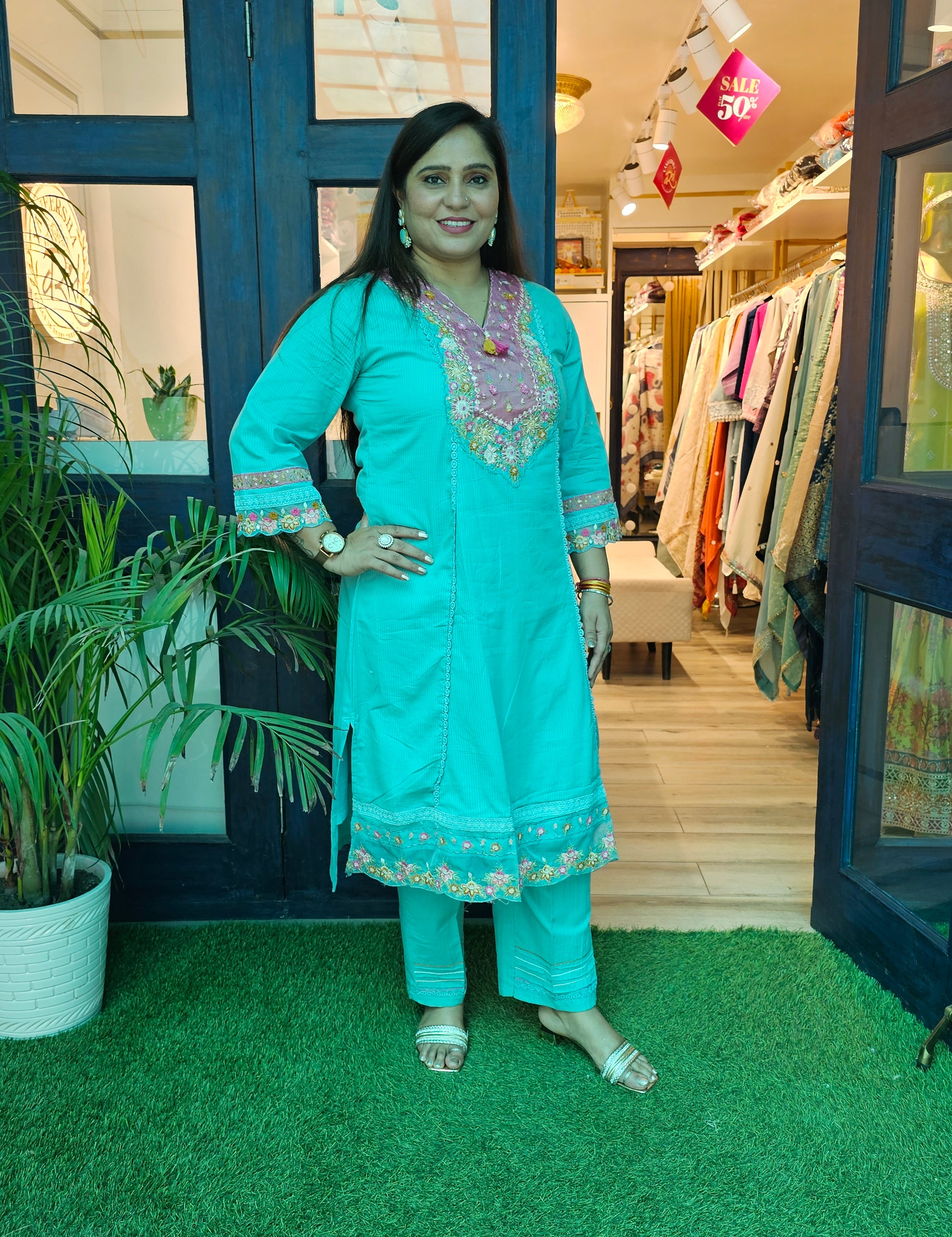 Elegant A-Line Cotton Kurta Set with Embroidery & Printed Tissue Linen Dupatta