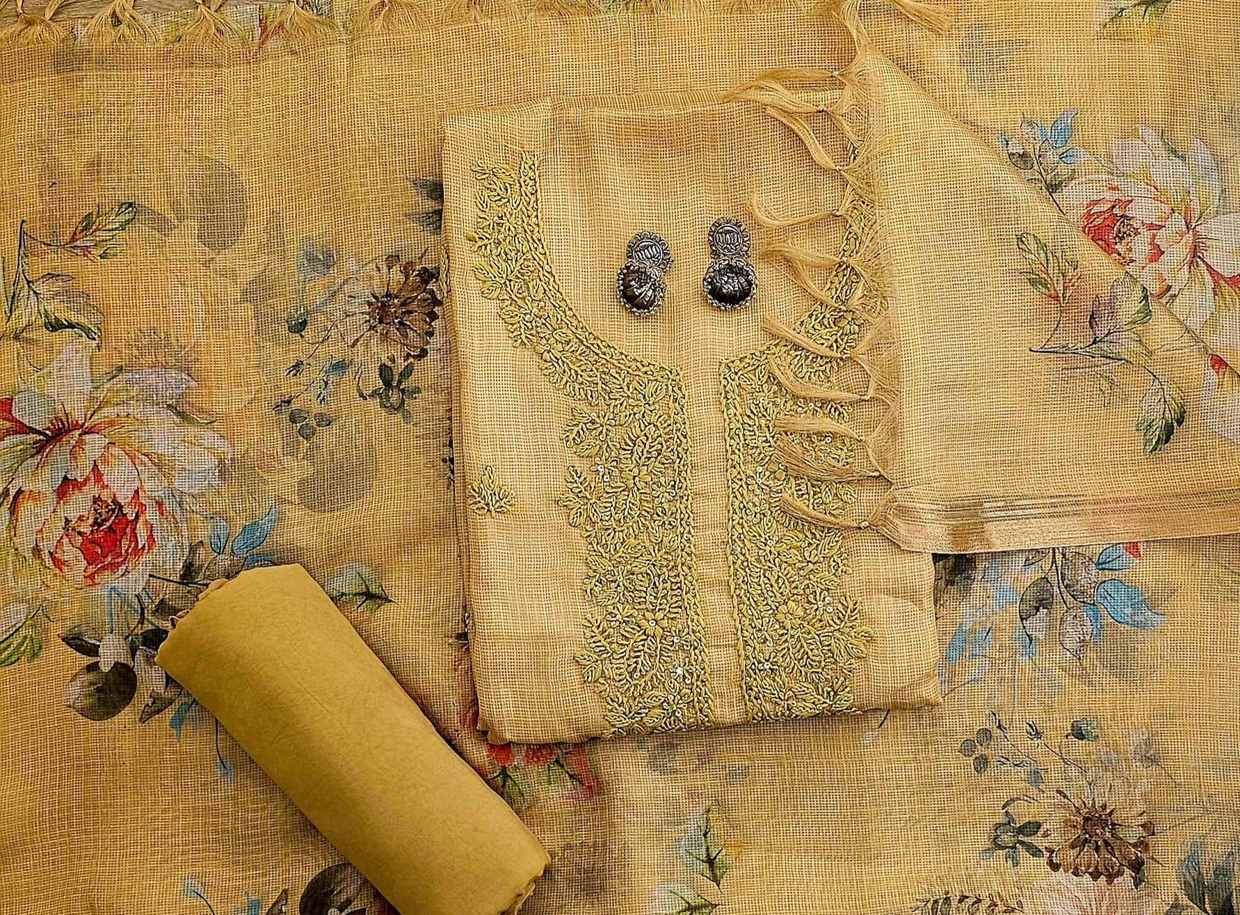 Elegant Kota Doria print Unstitched Suit with Embroidered Neck & Printed Organza Dupatta