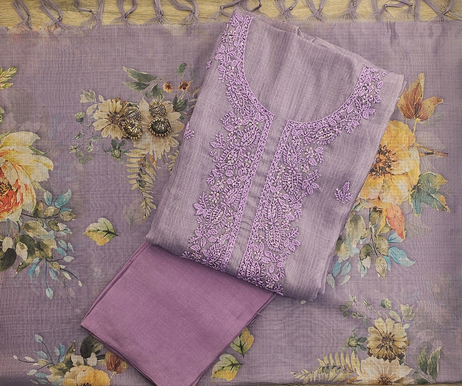 Elegant Kota Doria print Unstitched Suit with Embroidered Neck & Printed Organza Dupatta