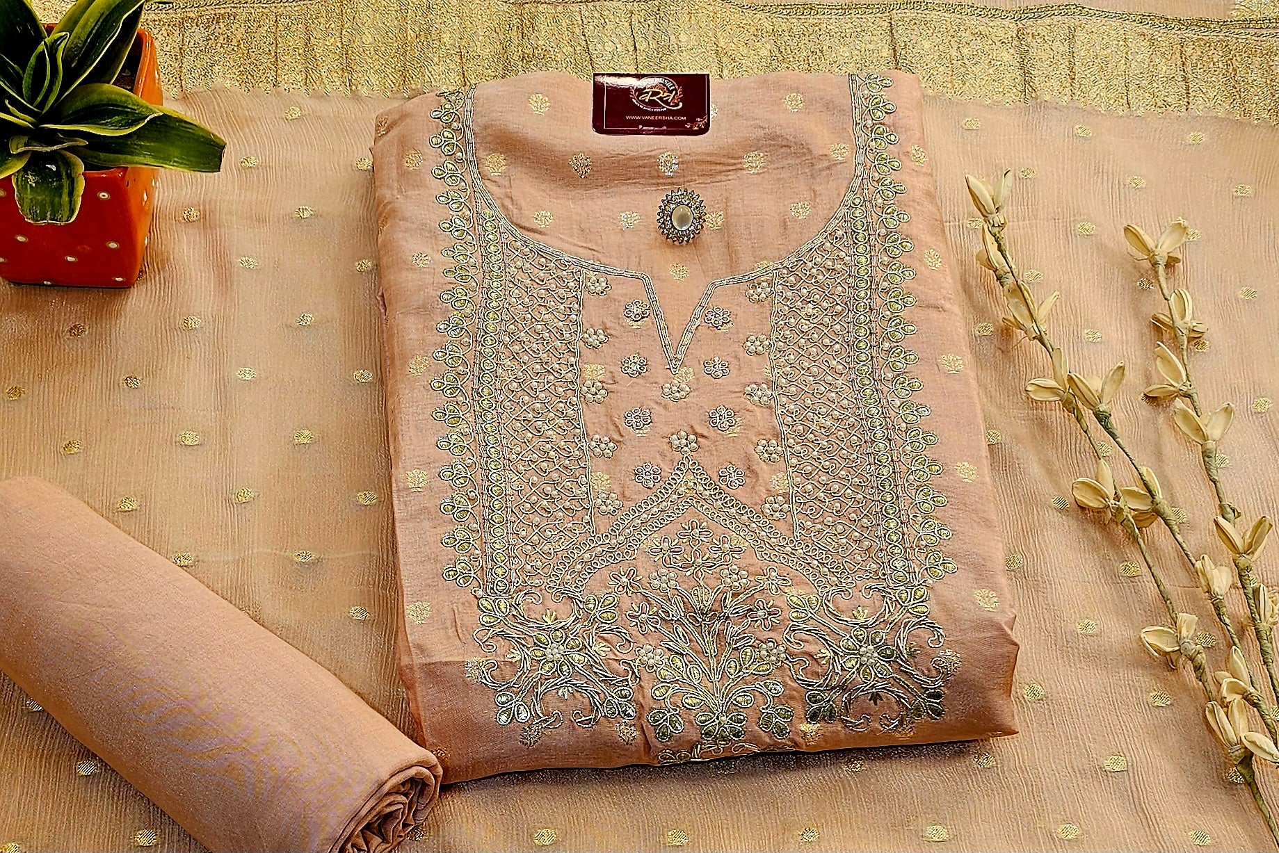 Self Banarasi Silk Unstitched Suit with Gota Patti & Moti Work , Paired with Gorgeous Georgette Dupatta