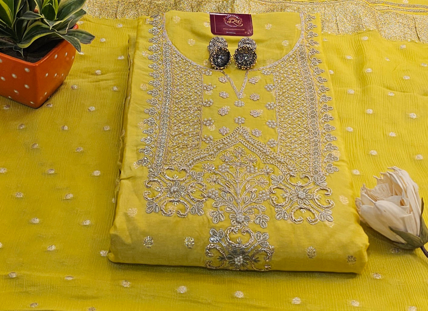Self Banarasi Silk Unstitched Suit with Gota Patti & Moti Work , Paired with Gorgeous Georgette Dupatta