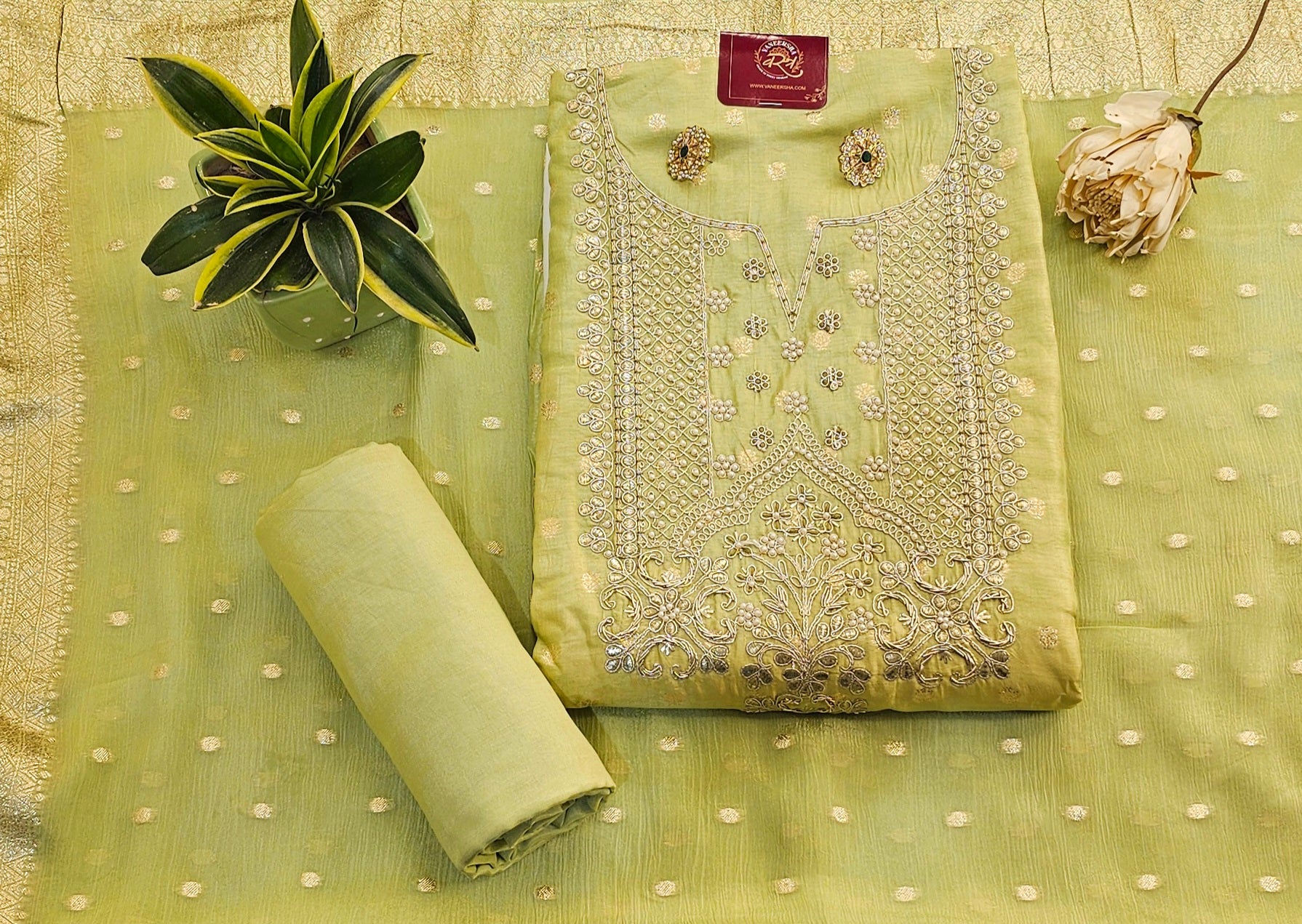 Self Banarasi Silk Unstitched Suit with Gota Patti & Moti Work , Paired with Gorgeous Georgette Dupatta