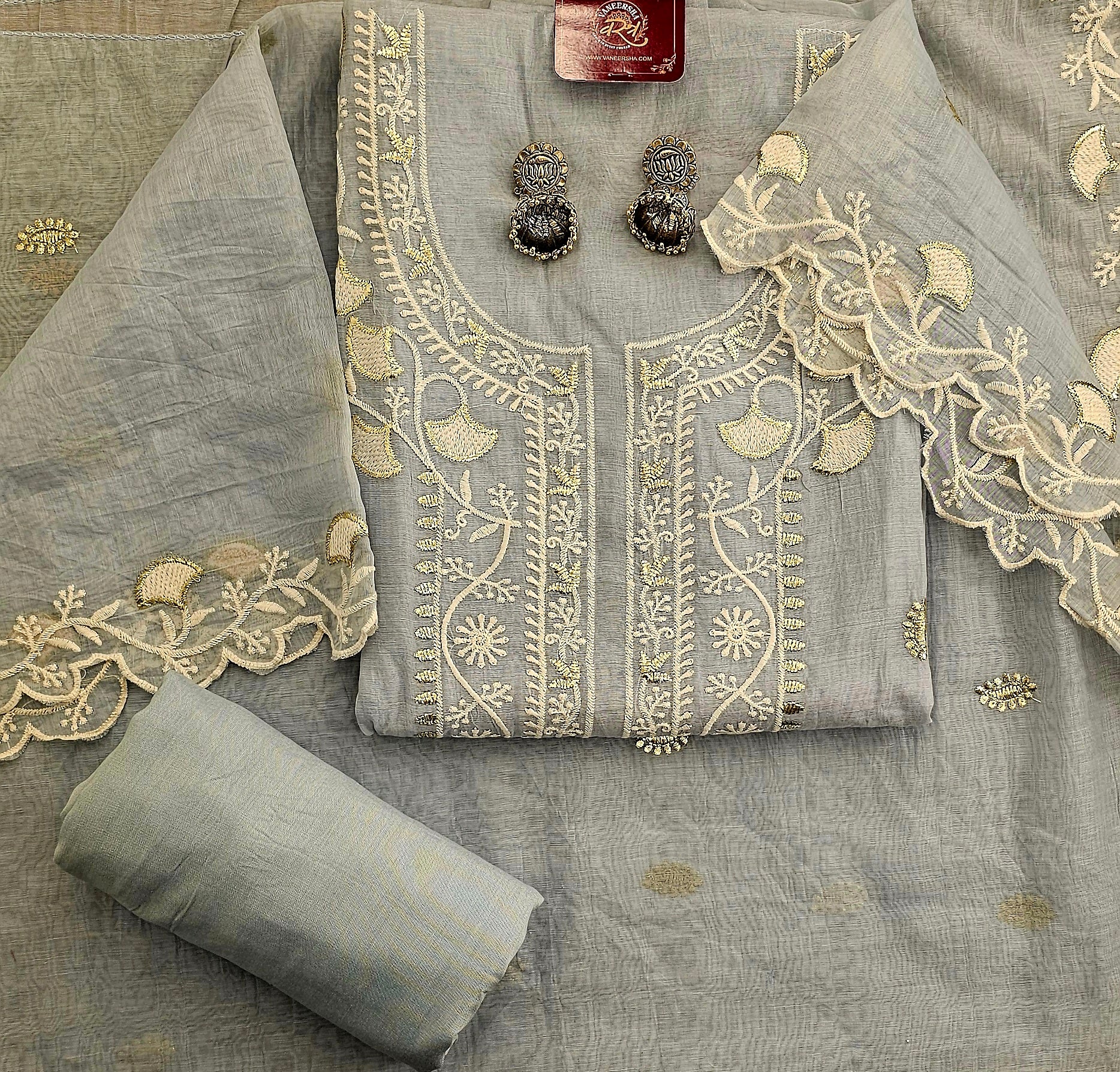 Elegant Mal Cotton Unstitched Suit with Delicate Embroidery & Embroidered Border Dupatta