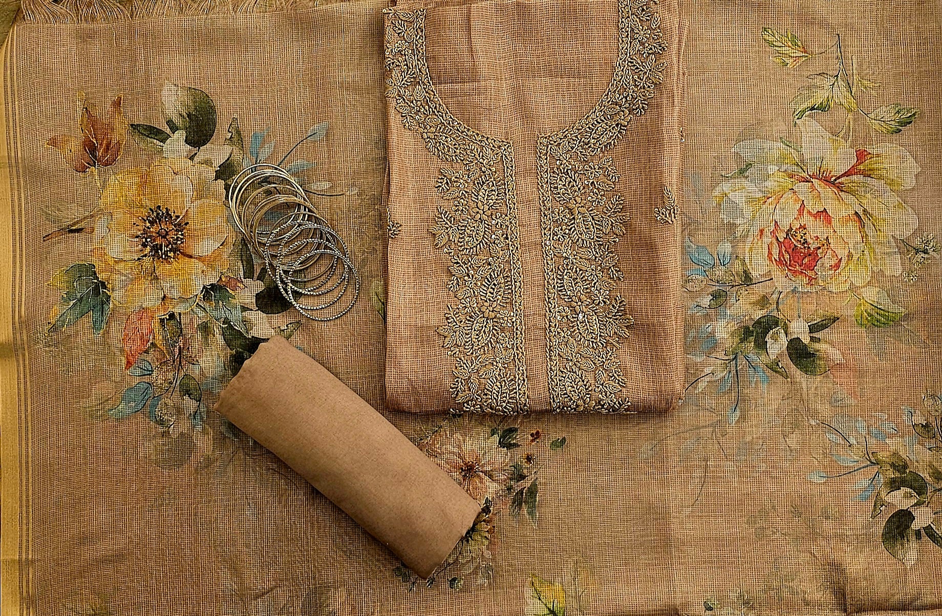 Elegant Kota Doria print Unstitched Suit with Embroidered Neck & Printed Organza Dupatta