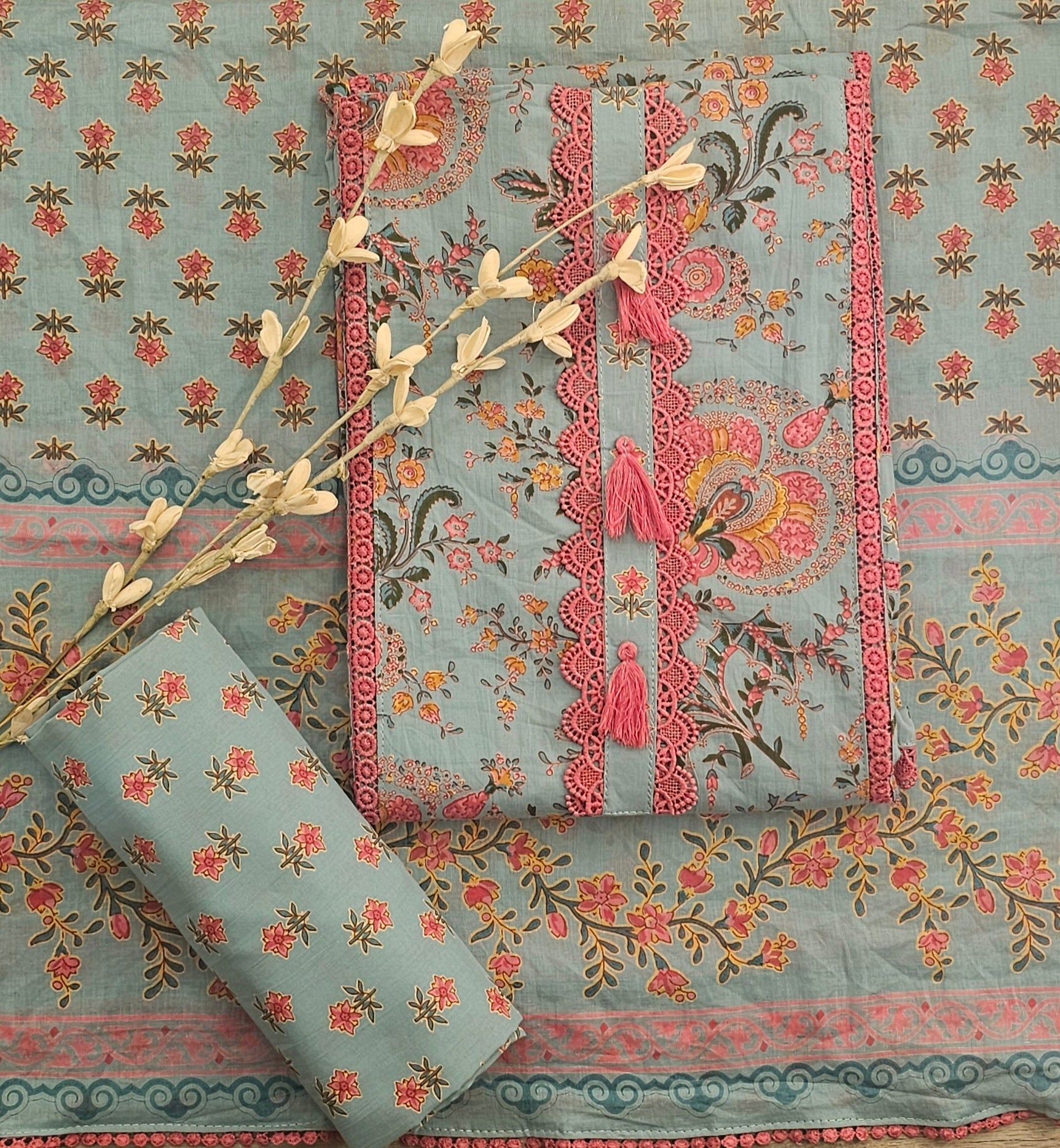 Graceful Cotton Printed Unstitched Suit with Lace Detailing & Elegant Dupatta