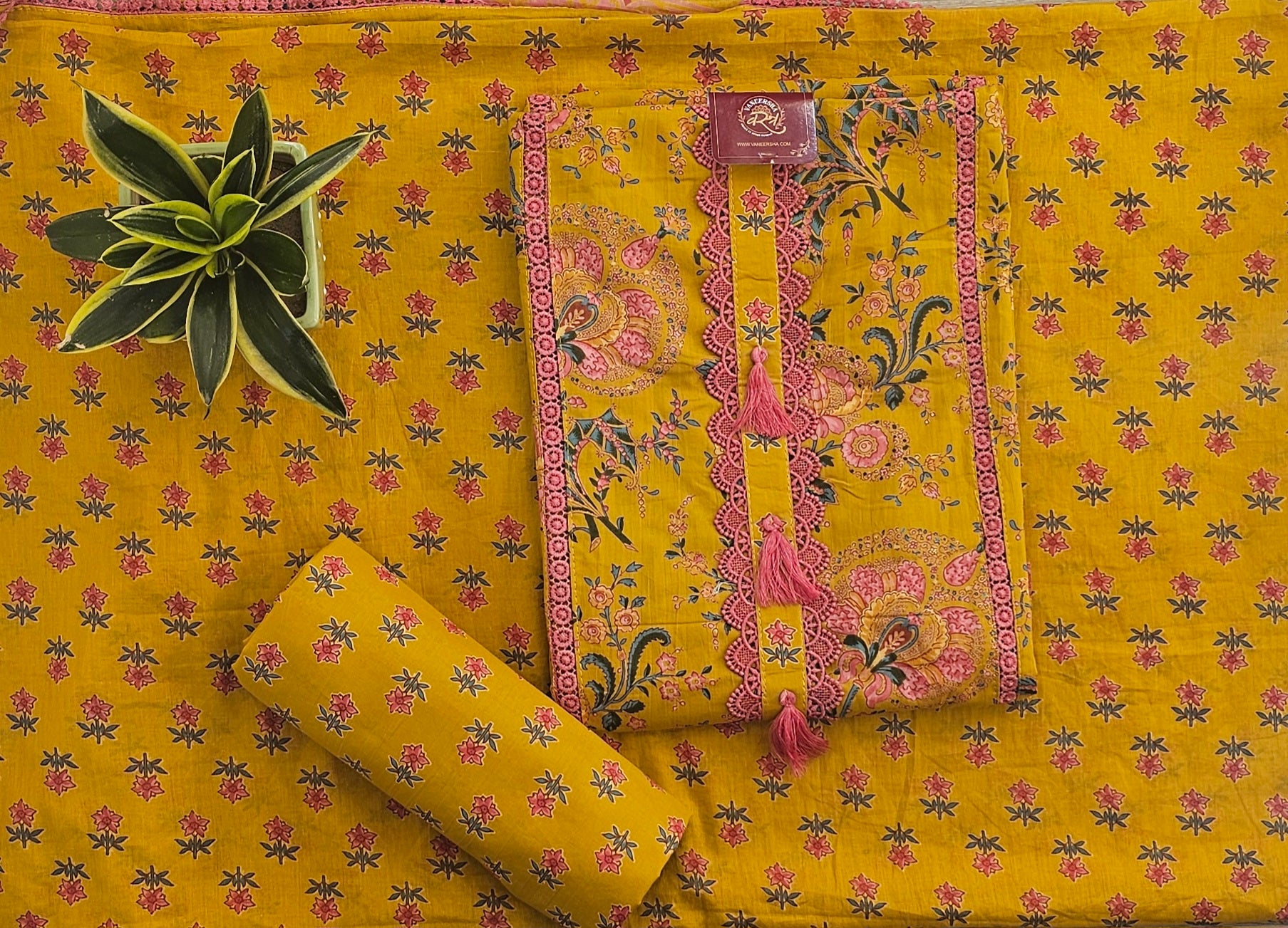 Graceful Cotton Printed Unstitched Suit with Lace Detailing & Elegant Dupatta