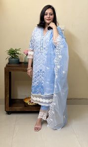 ✨ Graceful in Blue – Fine Cotton Sky Blue Kurta Set with Organza Dupatta ✨