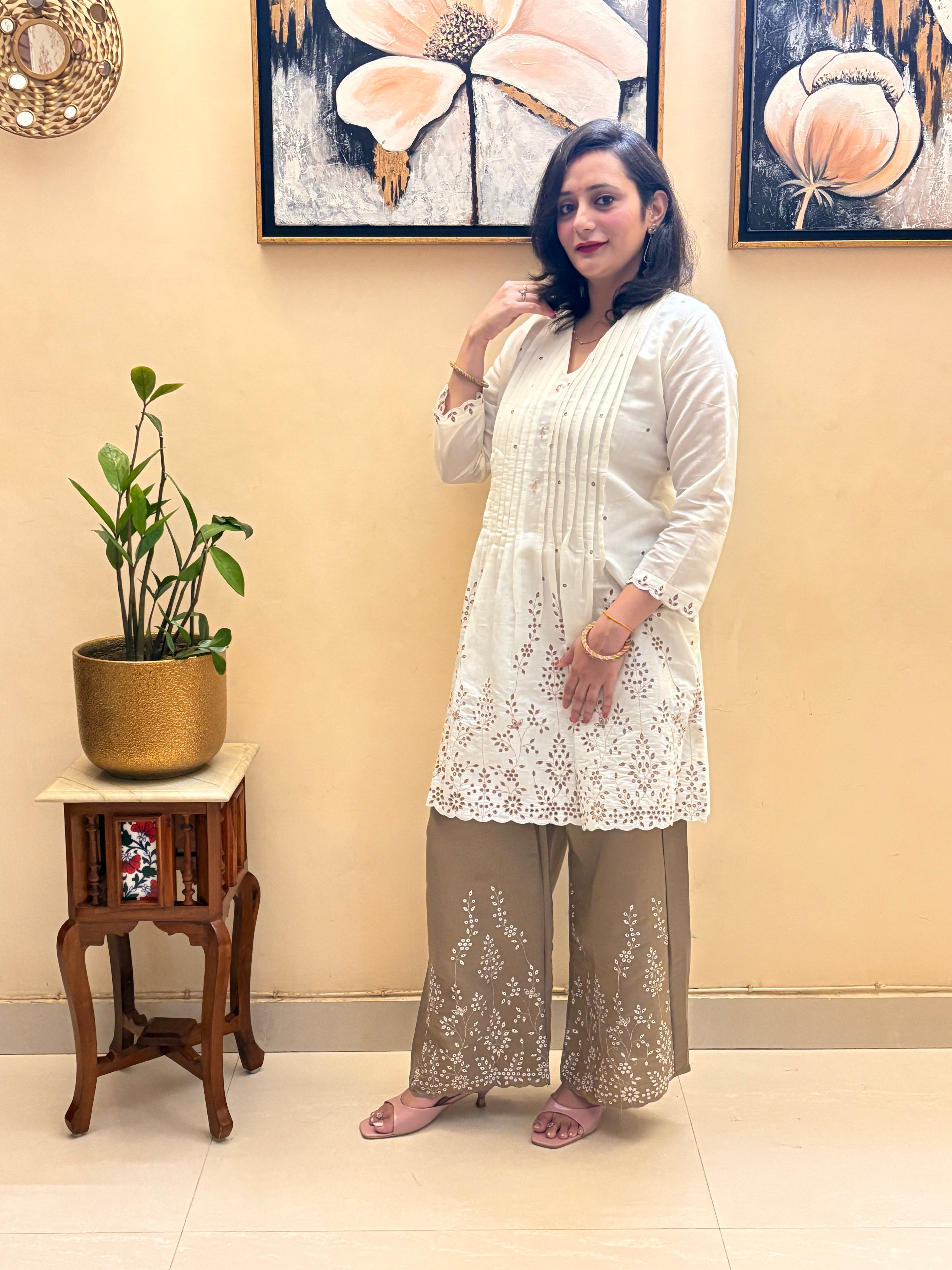 Roman silk off-white and rich brown tones co-ord set