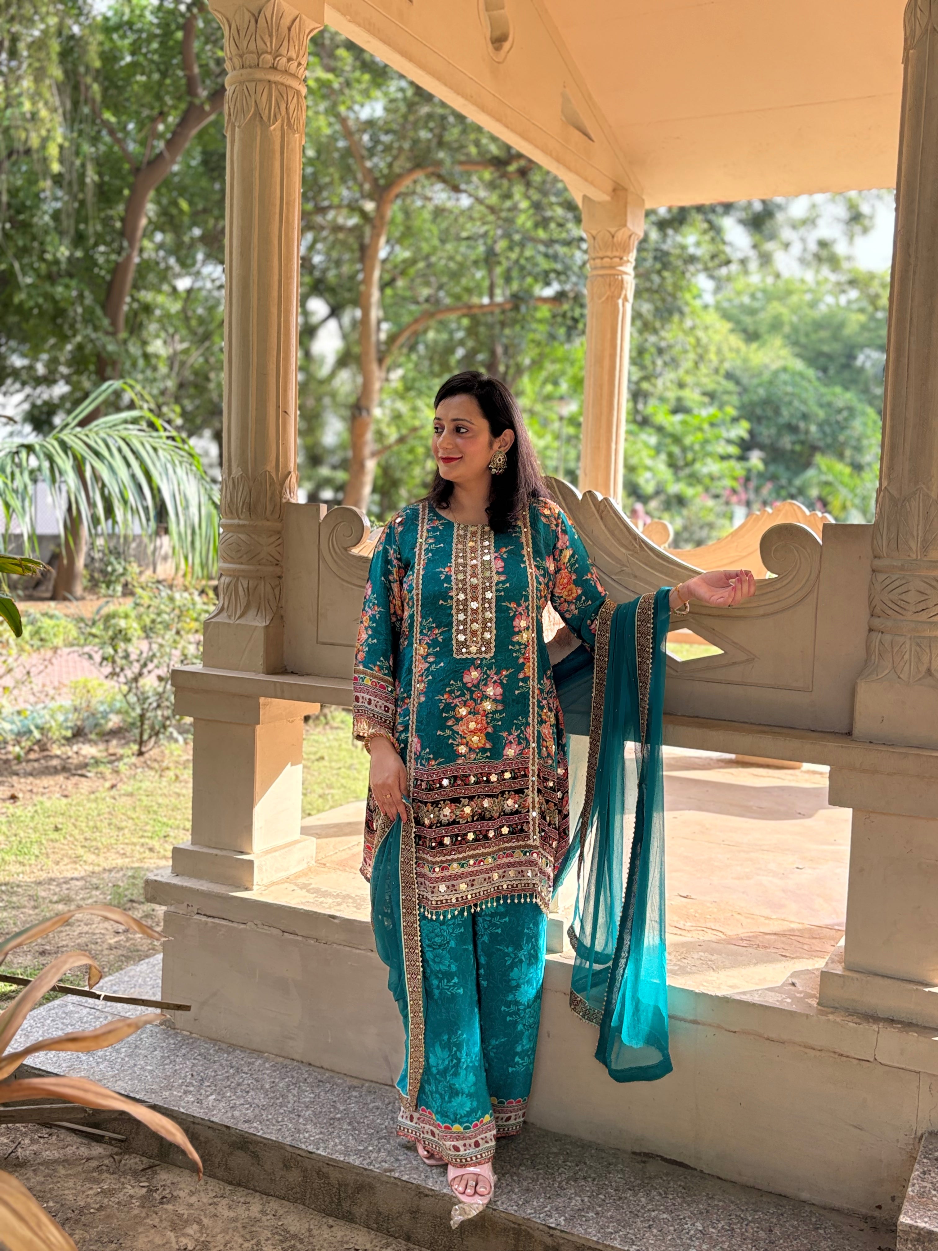 💙 Teal Crepe A-Line Short Shirt & Palazzo Set with Chinon Dupatta 💙