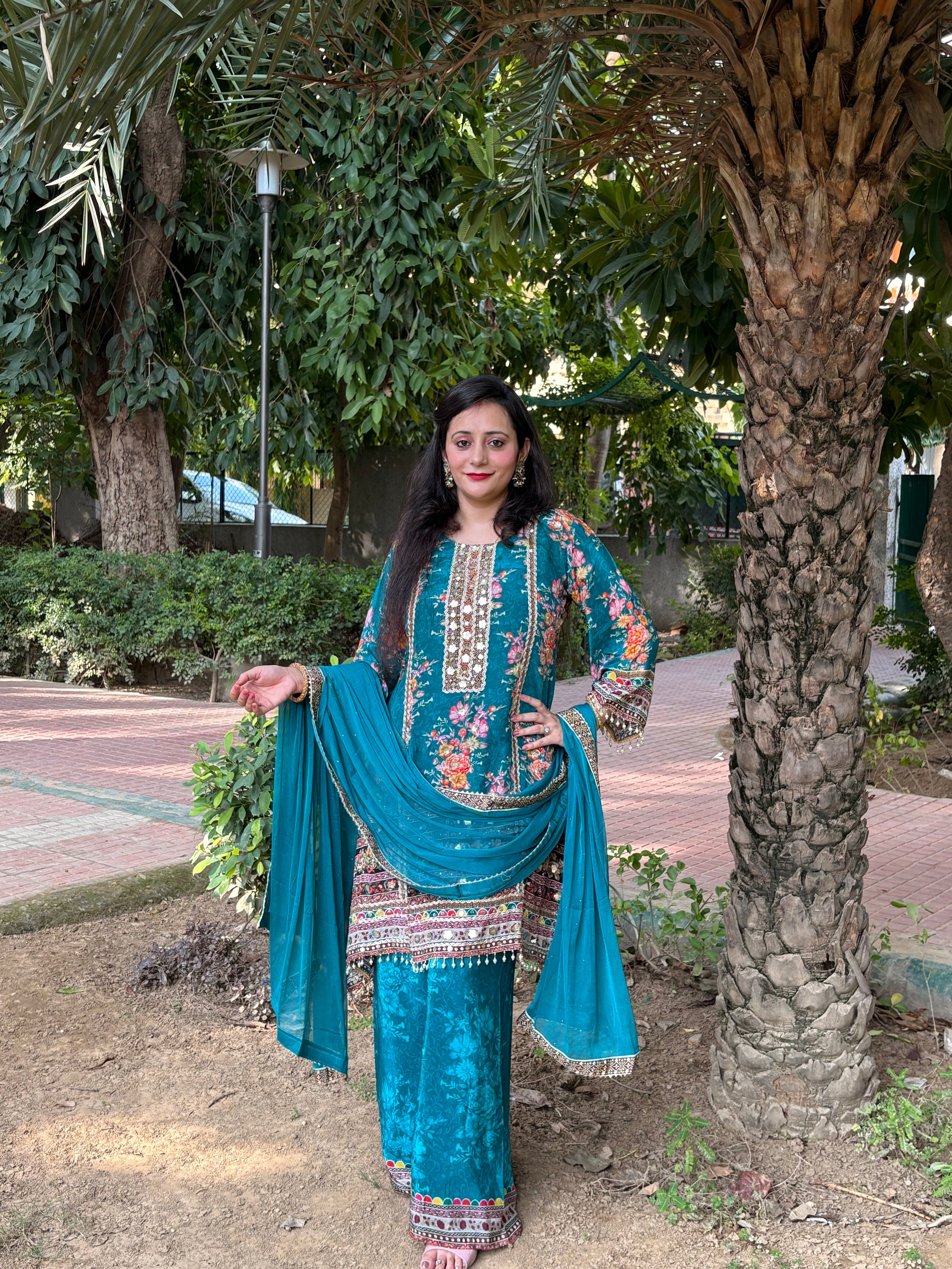 💙 Teal Crepe A-Line Short Shirt & Palazzo Set with Chinon Dupatta 💙