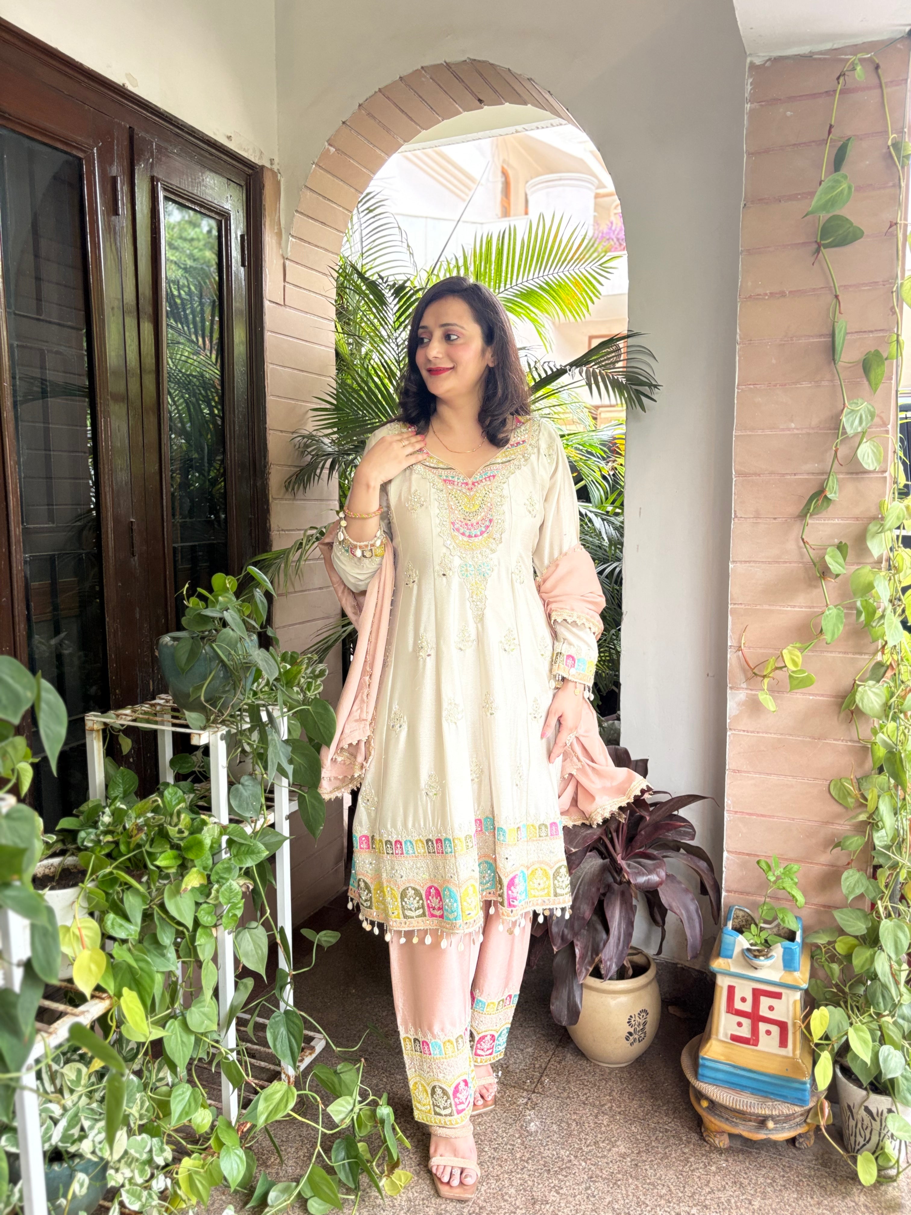 Off white premium Chinon Short Anarkali with Salwar