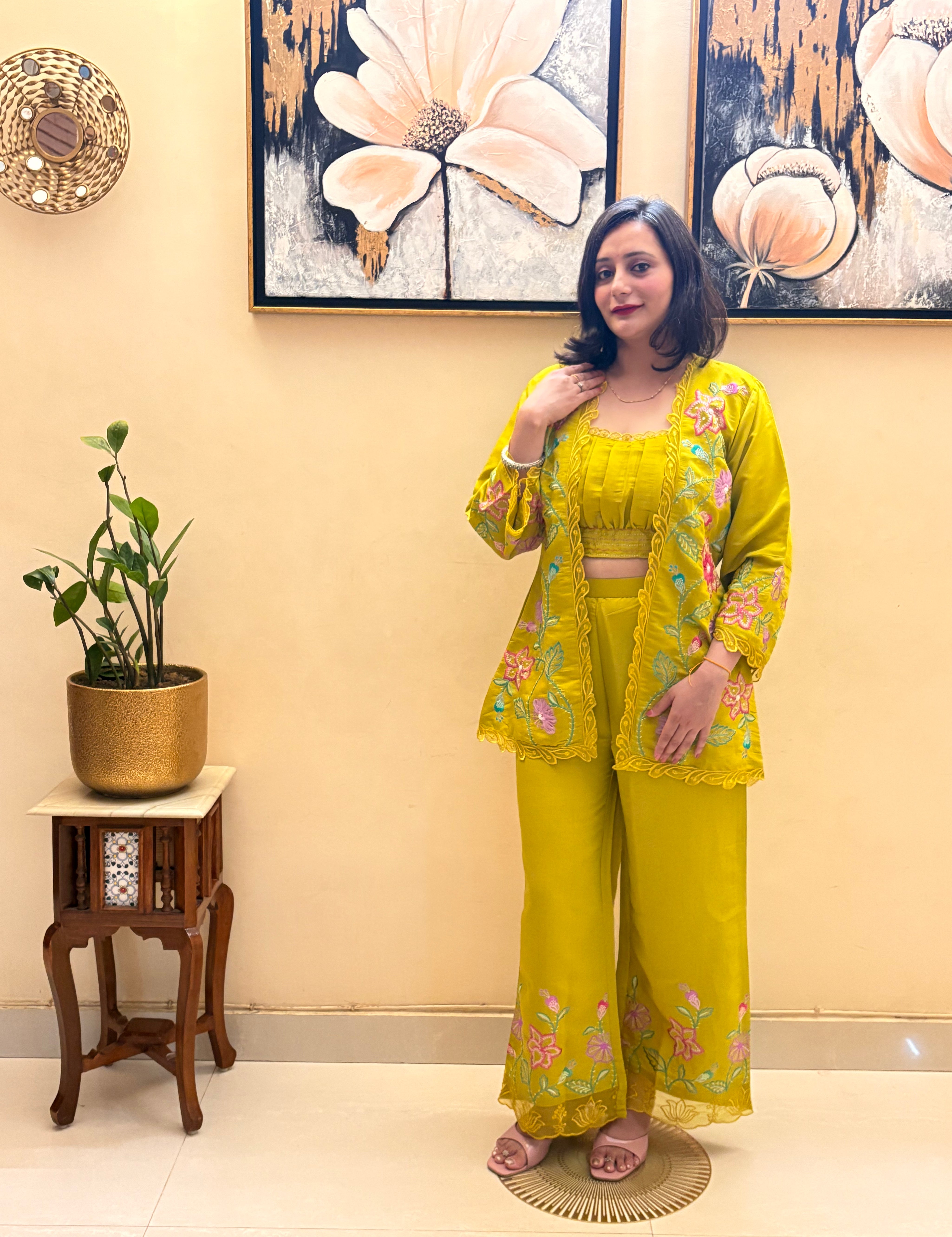 Luxe Roman Silk 3-Piece Co-ord Set with Embroidered Jacket