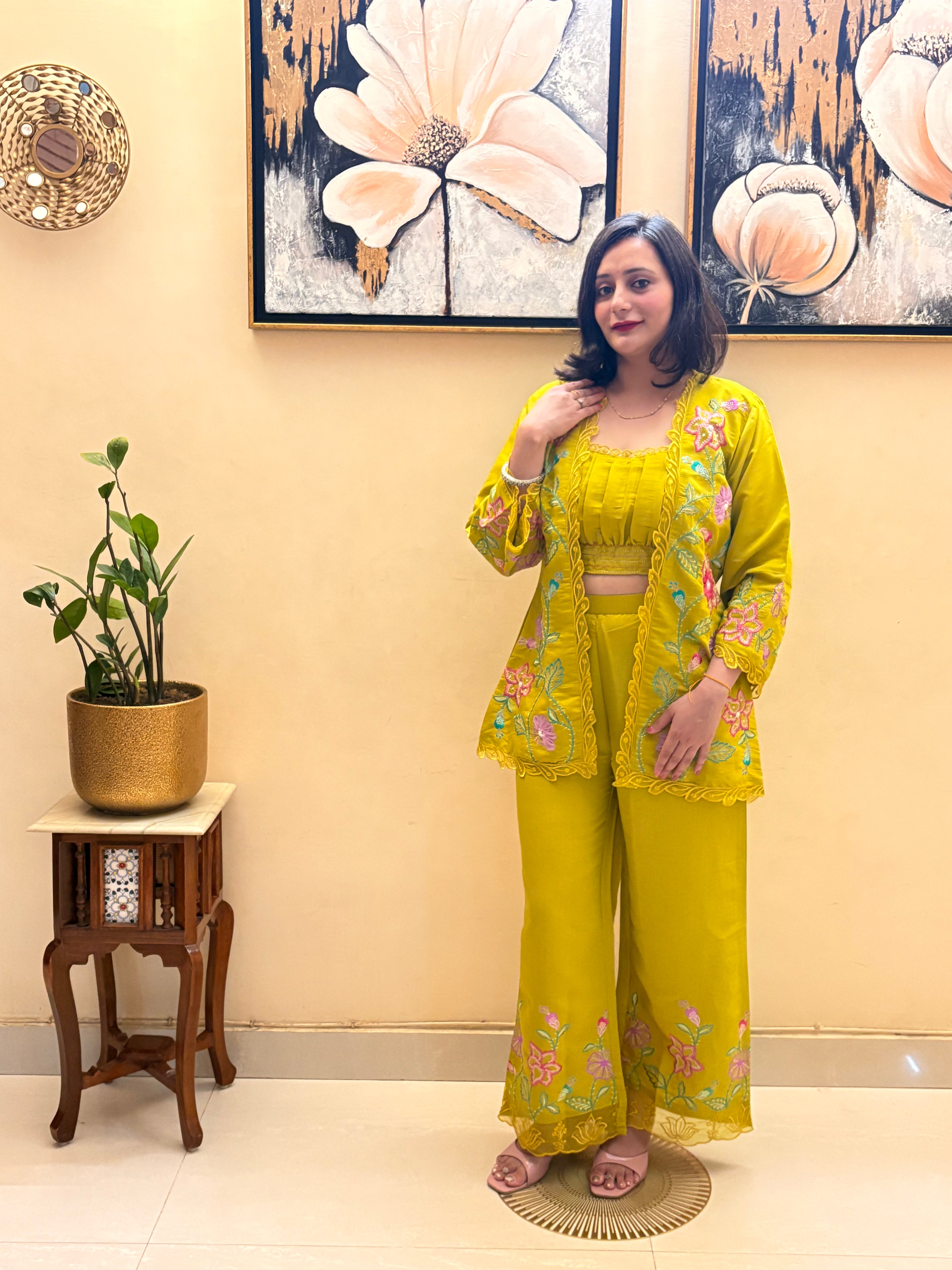 Luxe Roman Silk 3-Piece Co-ord Set with Embroidered Jacket