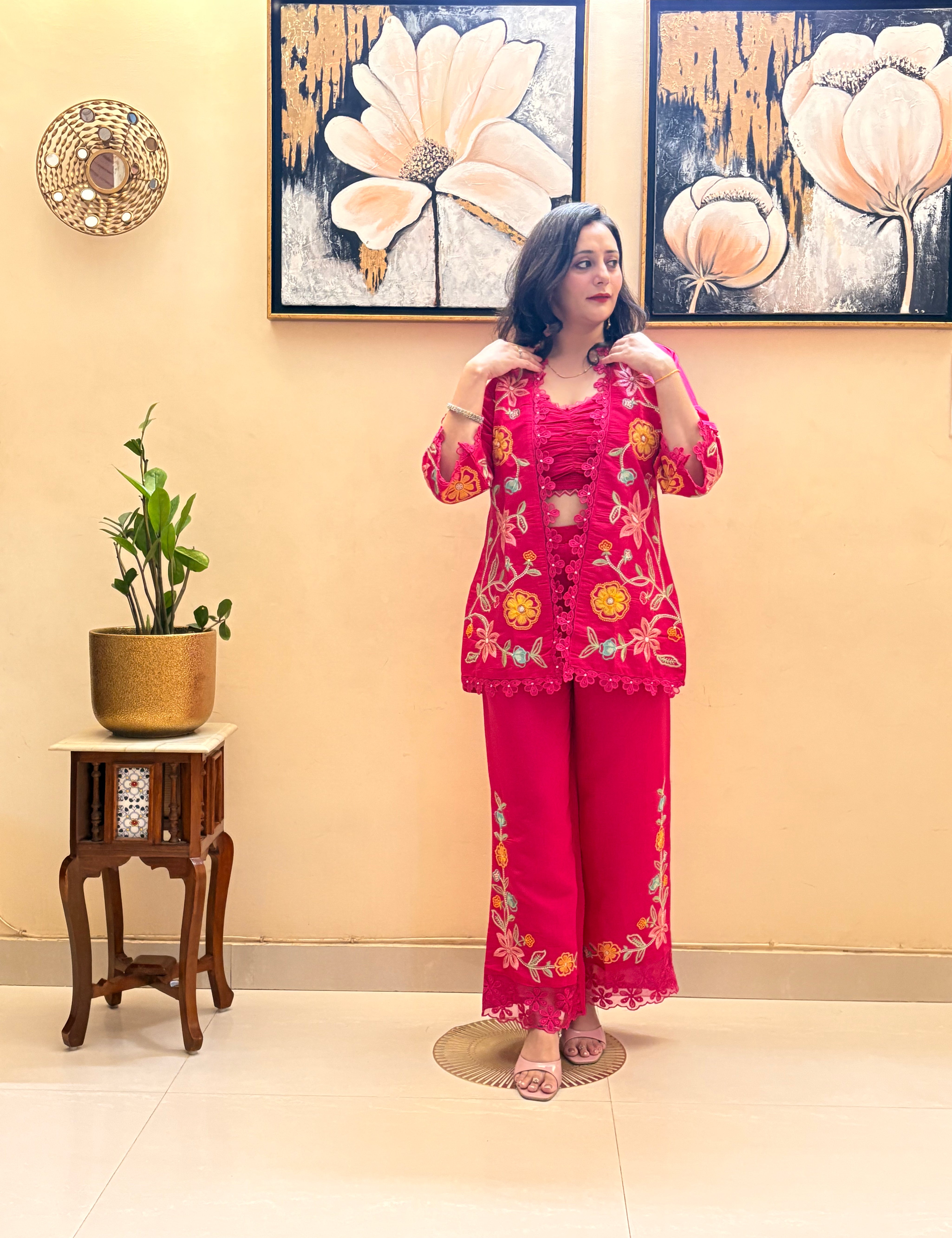 Luxe Roman Silk 3-Piece Co-ord Set with Embroidered Jacket