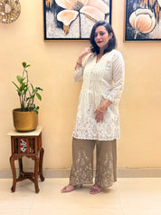 Roman silk off-white and rich brown tones co-ord set