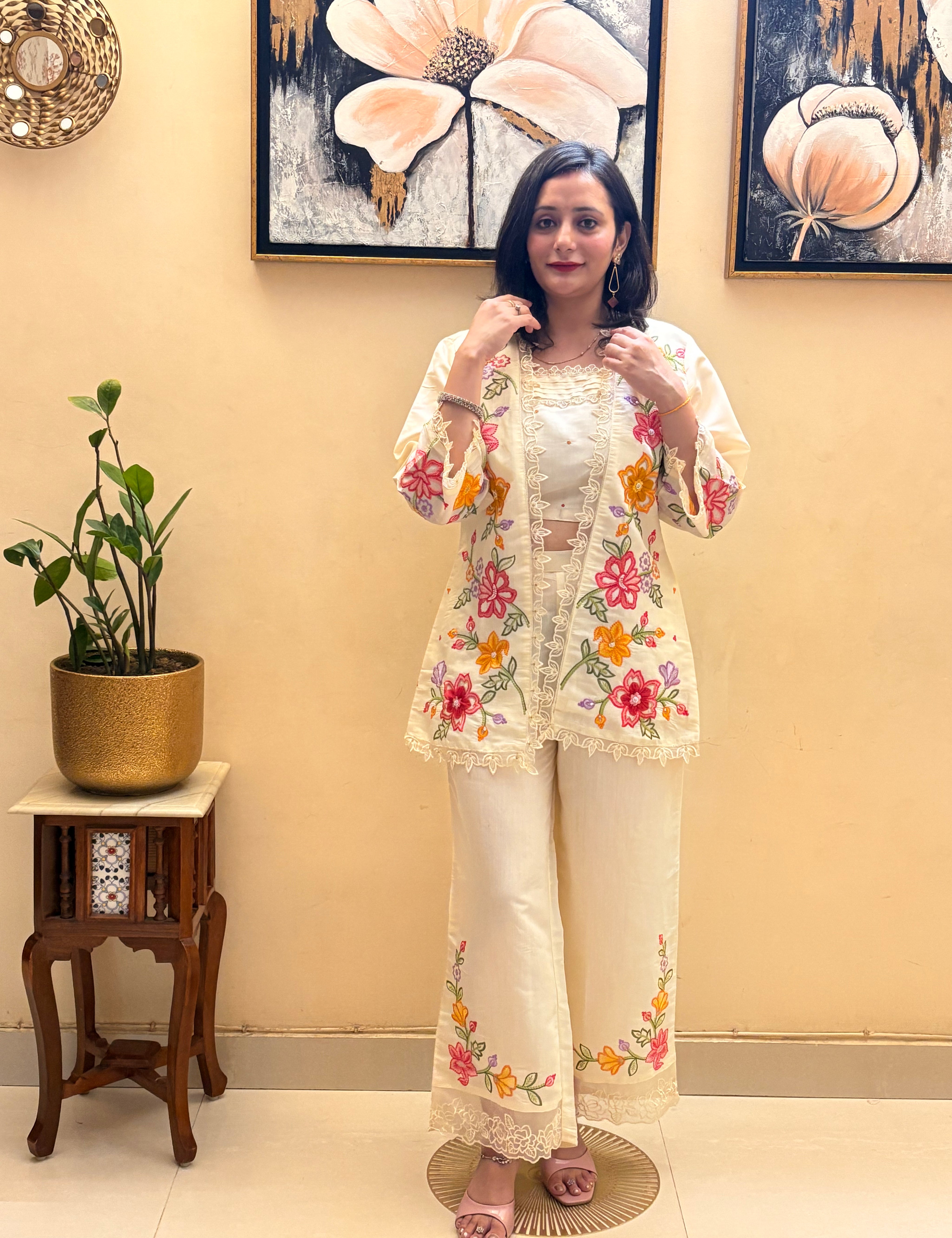 Luxe Roman Silk 3-Piece Co-ord Set with Embroidered Jacket