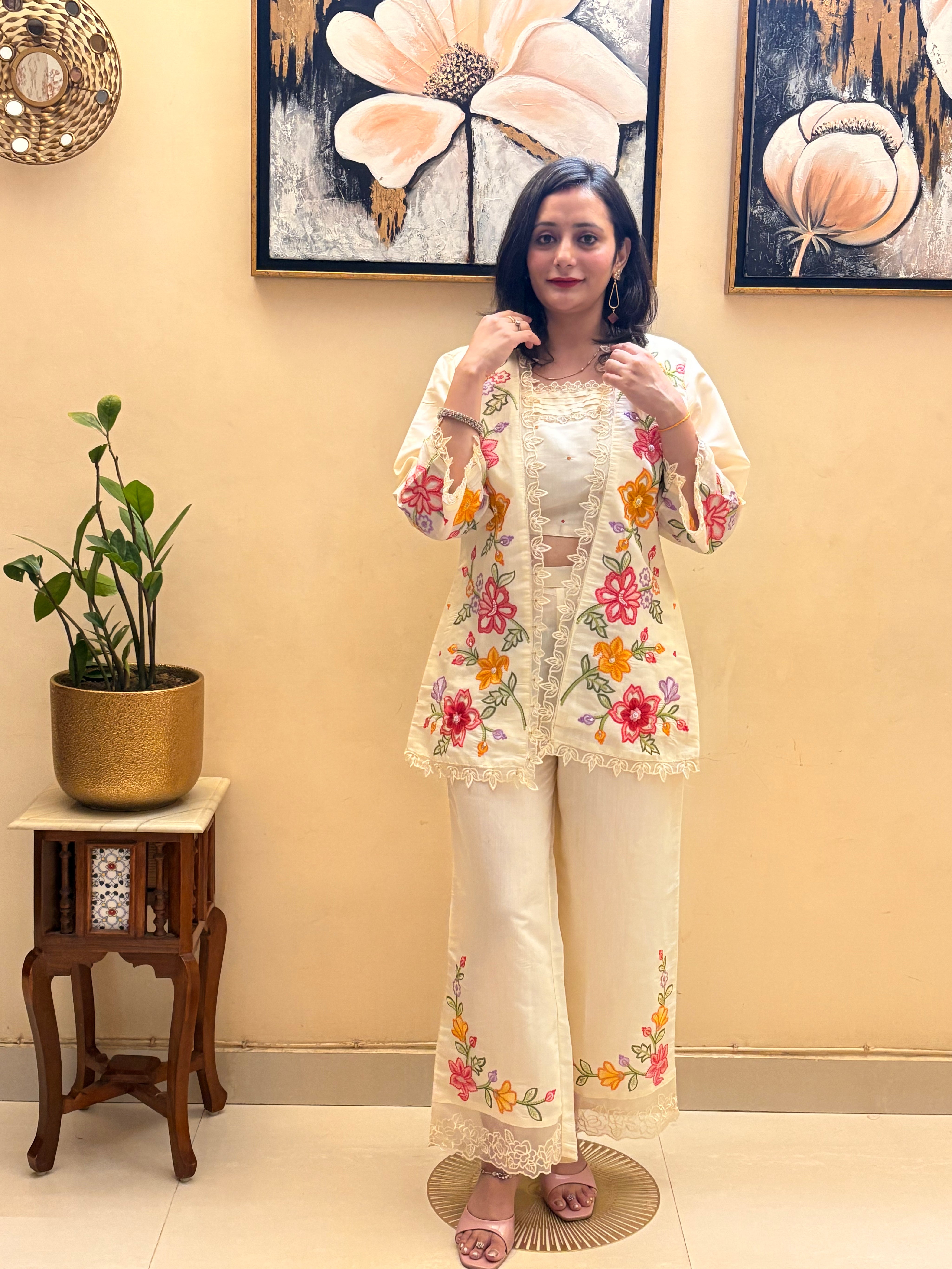 Luxe Roman Silk 3-Piece Co-ord Set with Embroidered Jacket