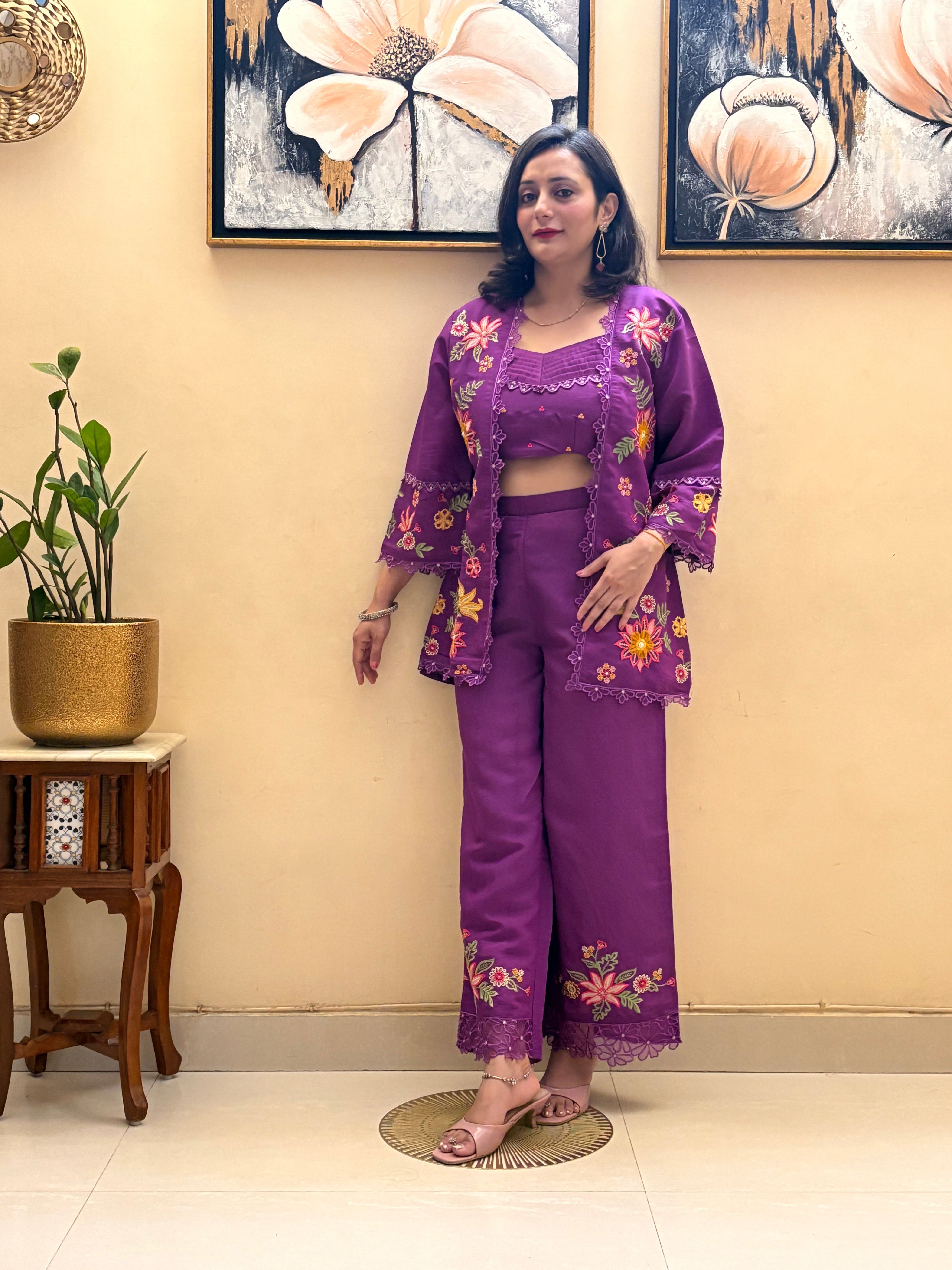 Luxe Roman Silk 3-Piece Co-ord Set with Embroidered Jacket