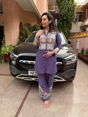 Stylish Purple Chinon Collared Co-Ord Set with Embroidery