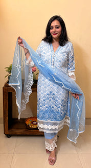 ✨ Graceful in Blue – Fine Cotton Sky Blue Kurta Set with Organza Dupatta ✨
