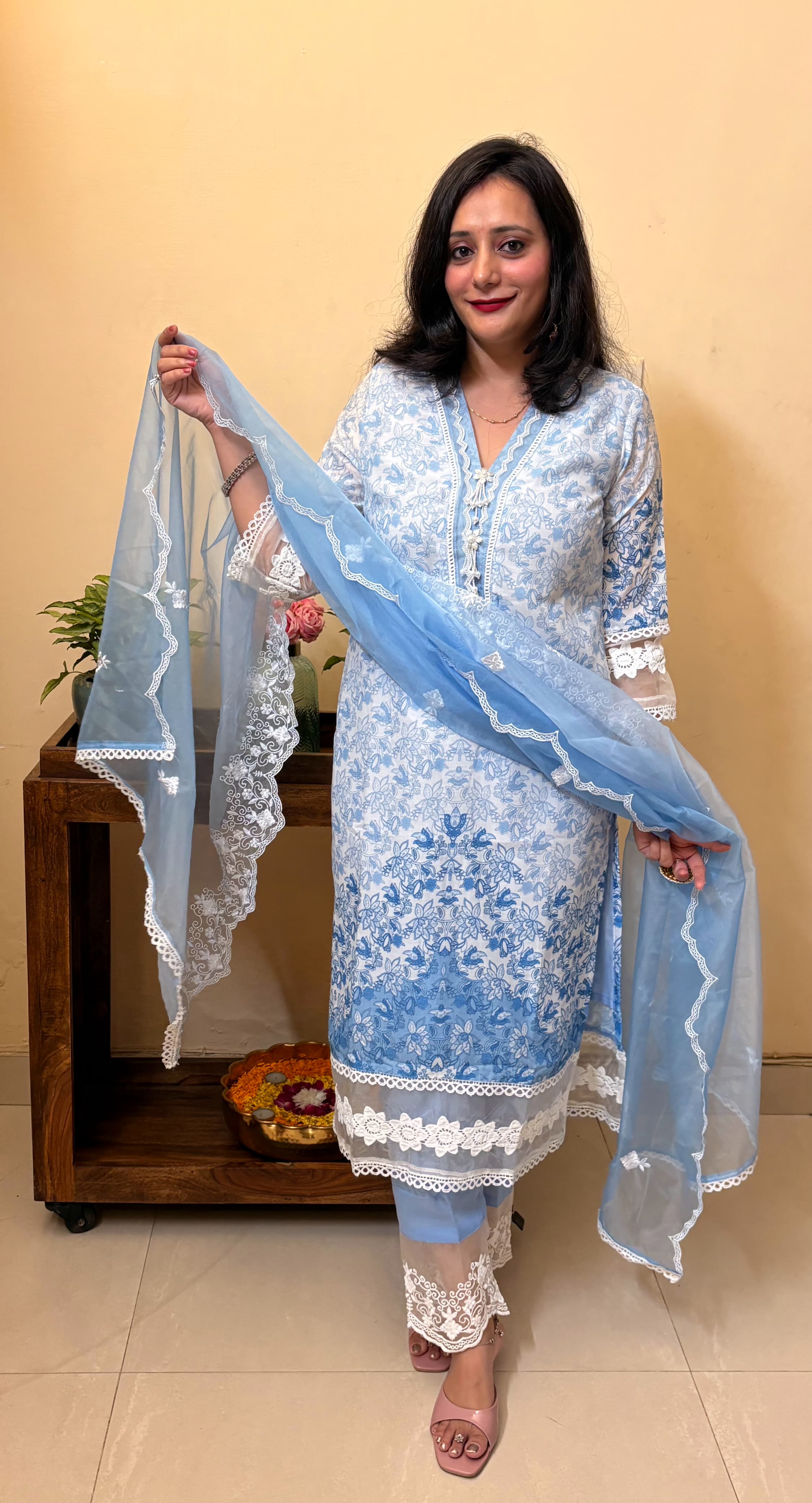 ✨ Graceful in Blue – Fine Cotton Sky Blue Kurta Set with Organza Dupatta ✨