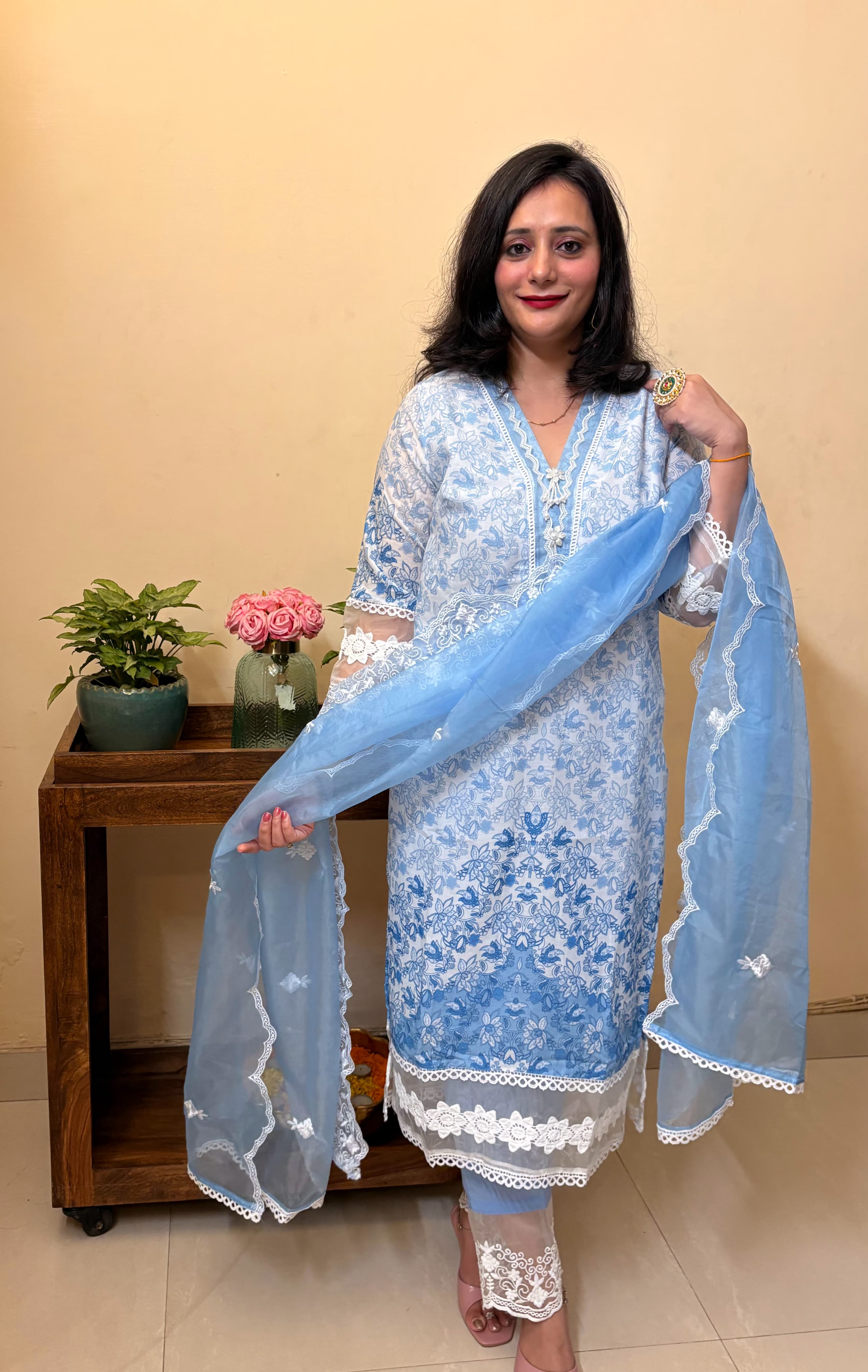 ✨ Graceful in Blue – Fine Cotton Sky Blue Kurta Set with Organza Dupatta ✨