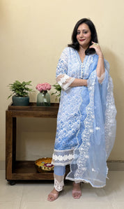 ✨ Graceful in Blue – Fine Cotton Sky Blue Kurta Set with Organza Dupatta ✨