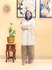 Roman silk off-white and rich brown tones co-ord set