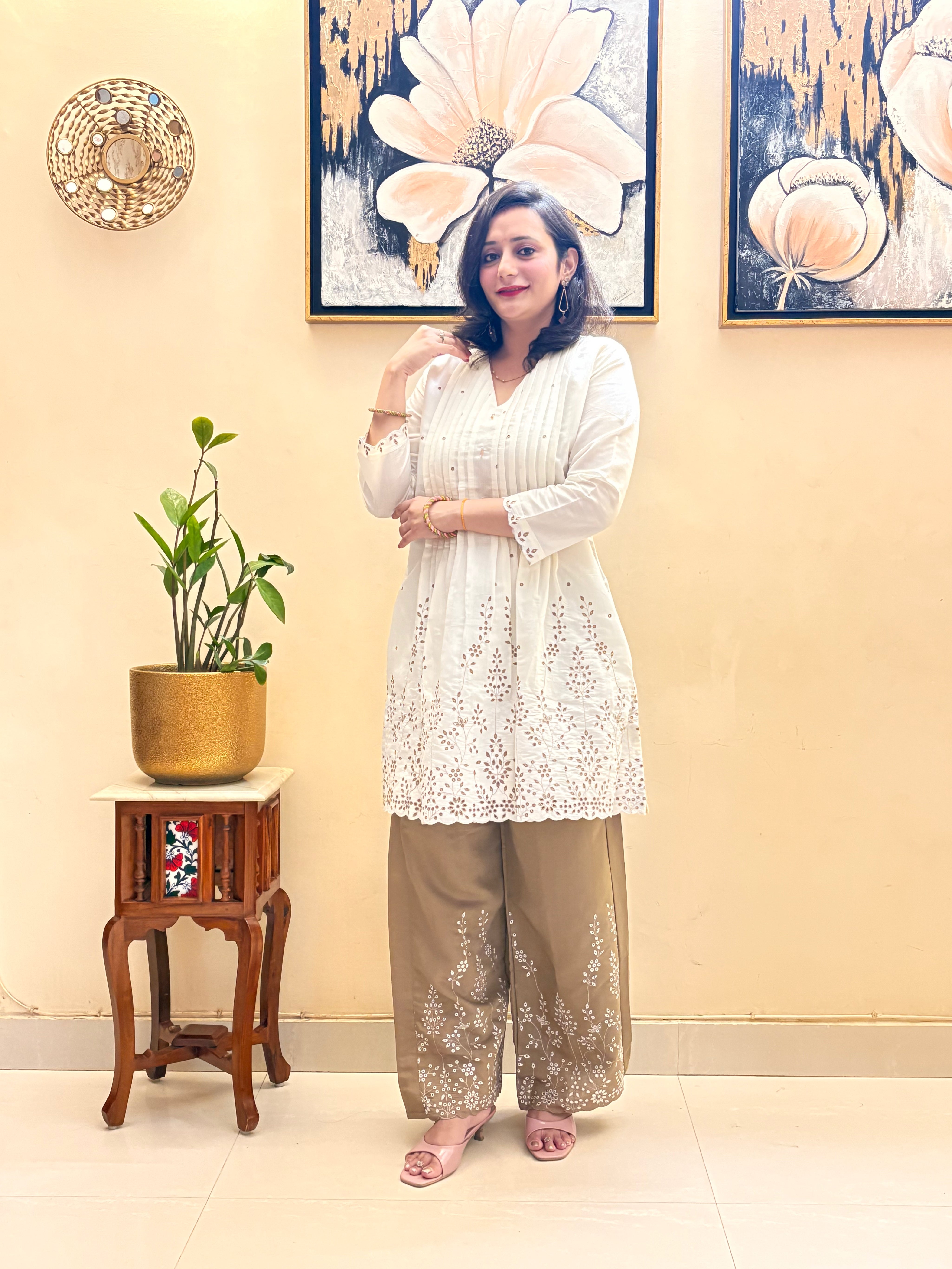 Roman silk off-white and rich brown tones co-ord set