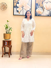 Roman silk off-white and rich brown tones co-ord set