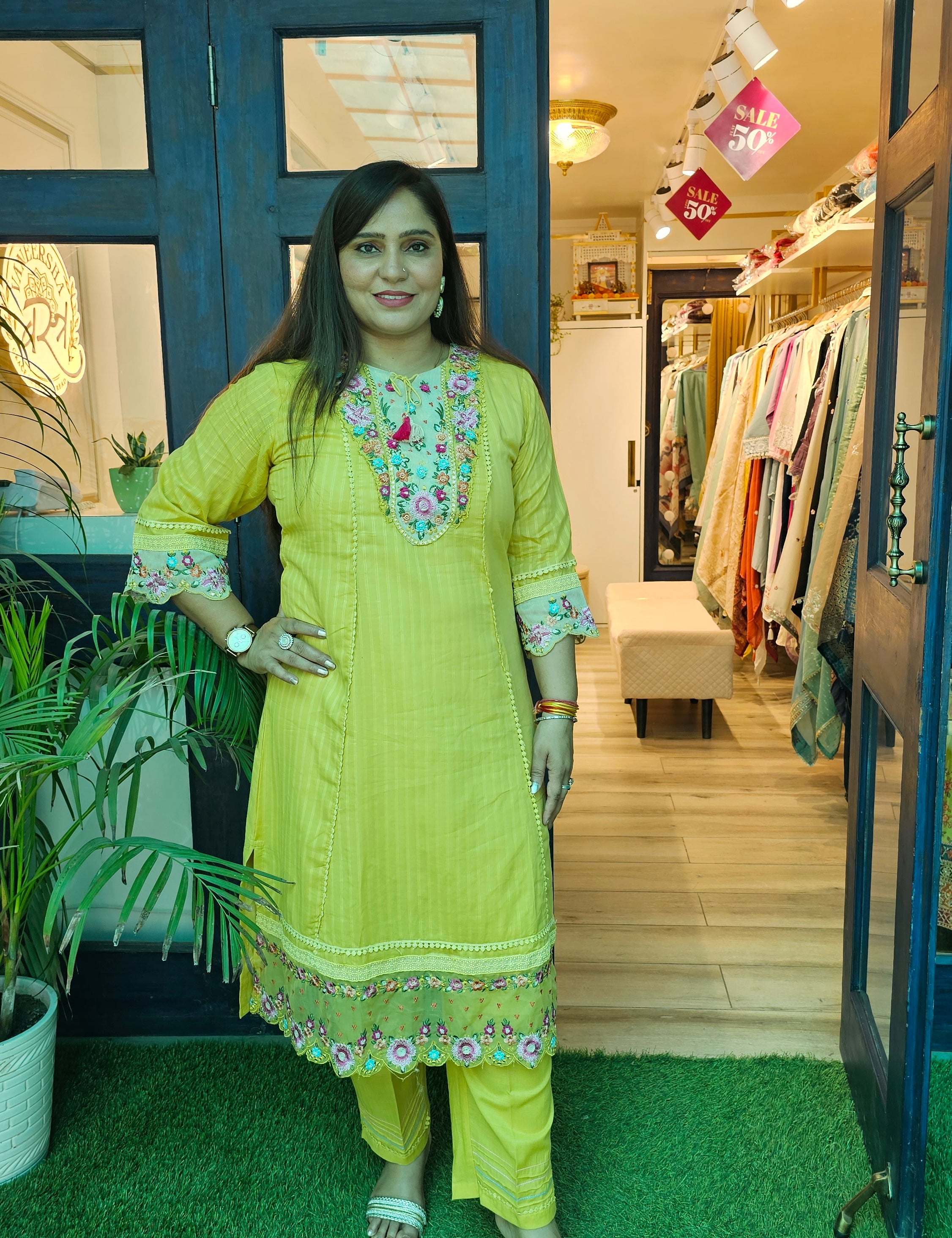 Elegant A-Line Cotton Kurta Set with Embroidery & Printed Tissue Linen Dupatta
