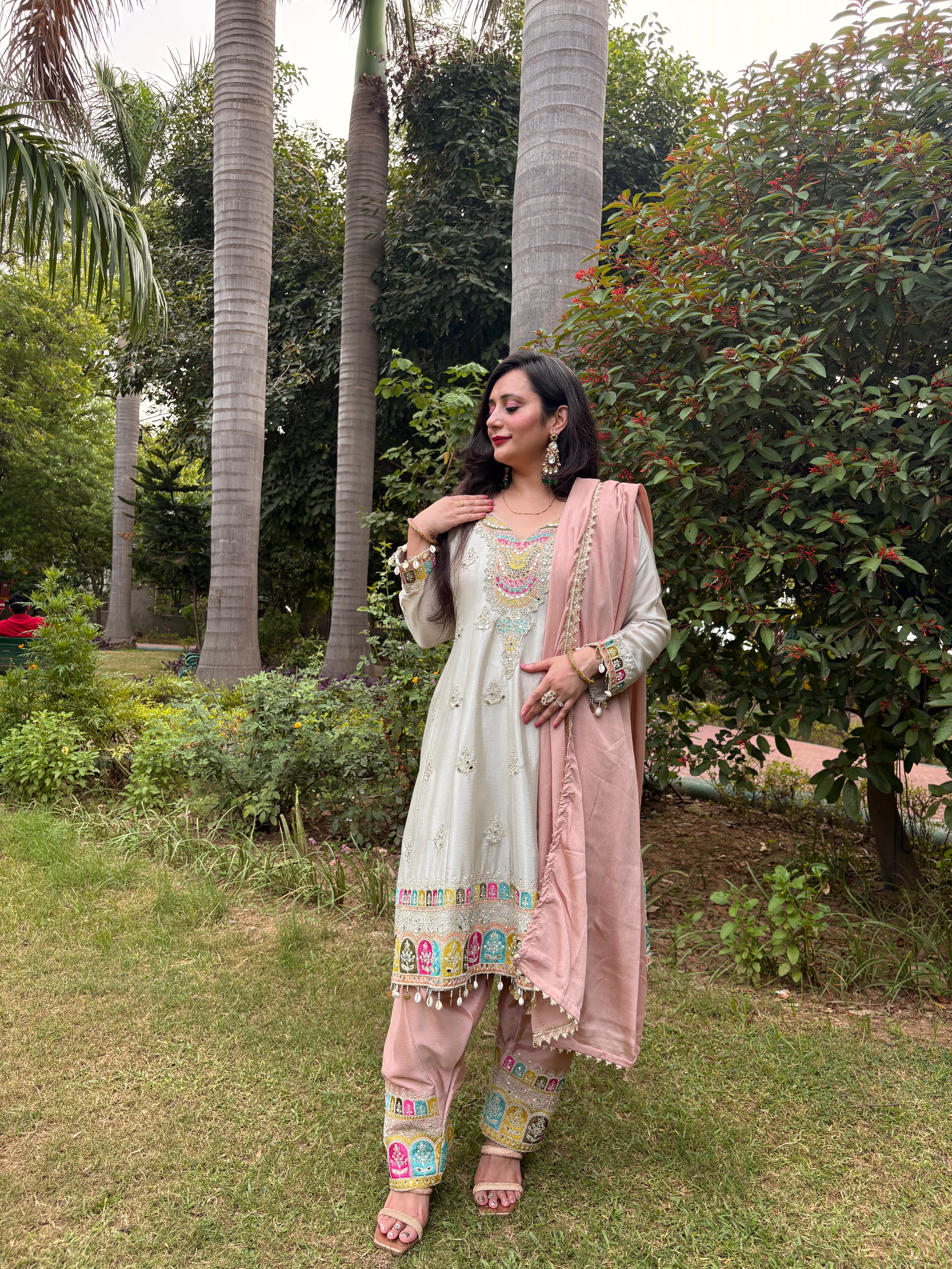 Off white premium Chinon Short Anarkali with Salwar