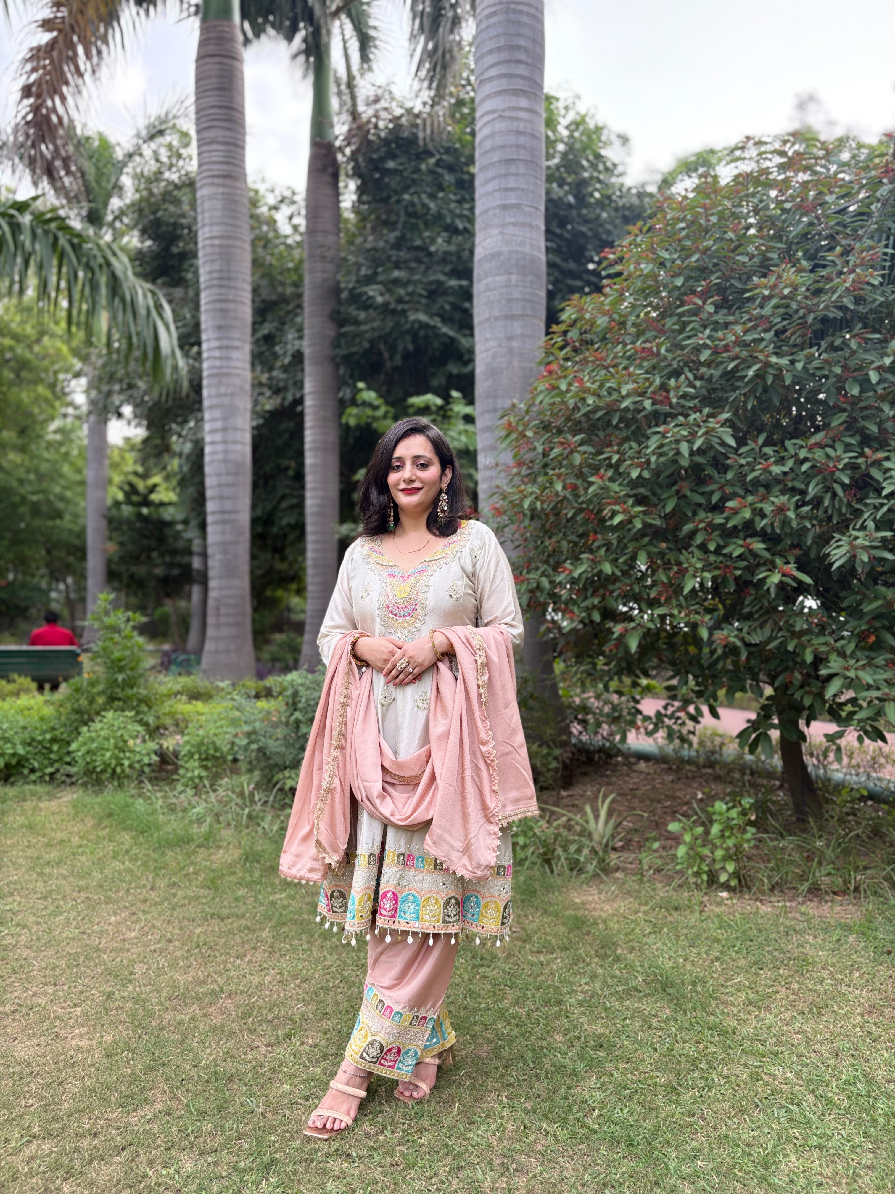 Off white premium Chinon Short Anarkali with Salwar