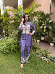 Stylish Purple Chinon Collared Co-Ord Set with Embroidery