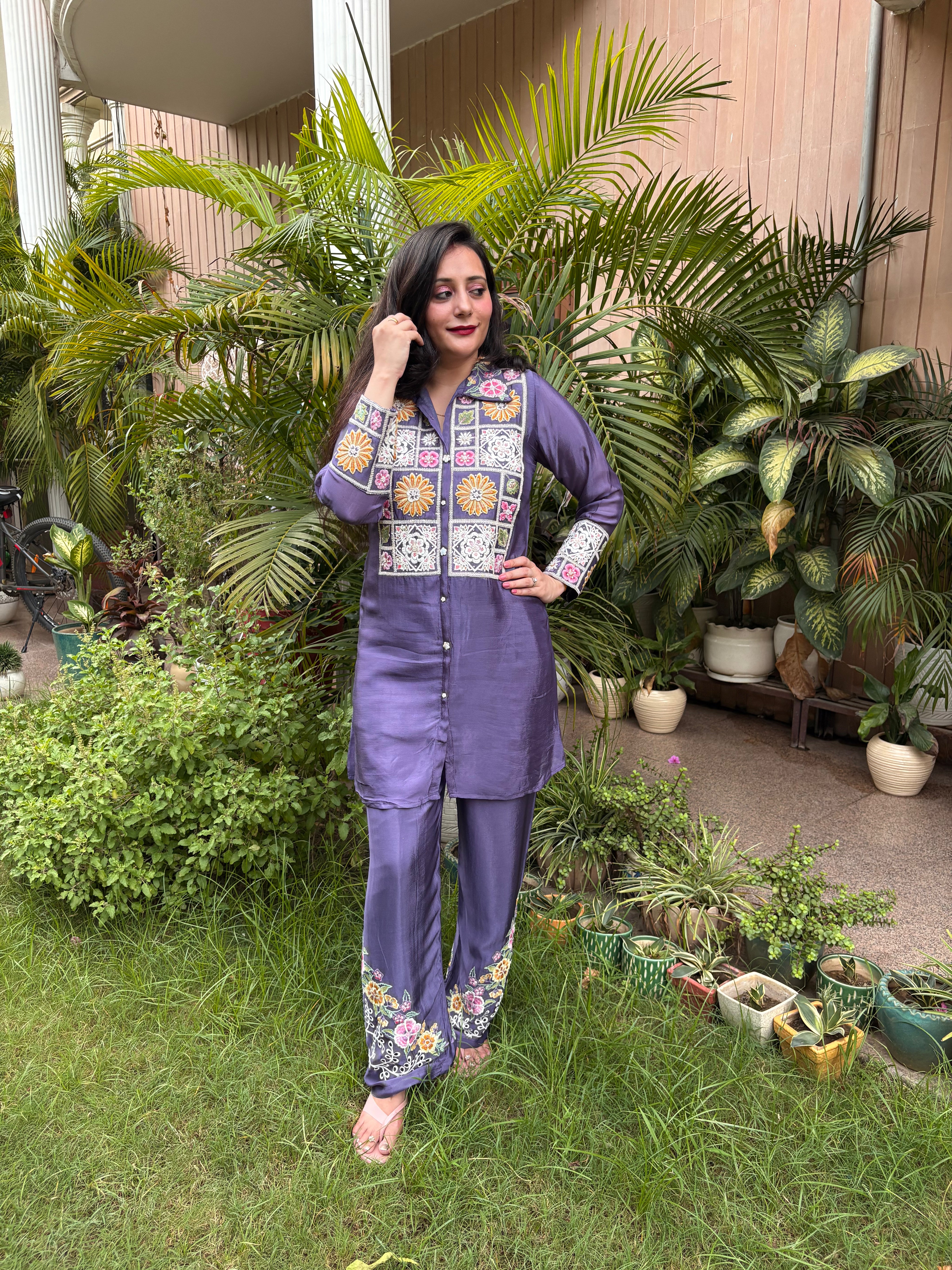 Stylish Purple Chinon Collared Co-Ord Set with Embroidery