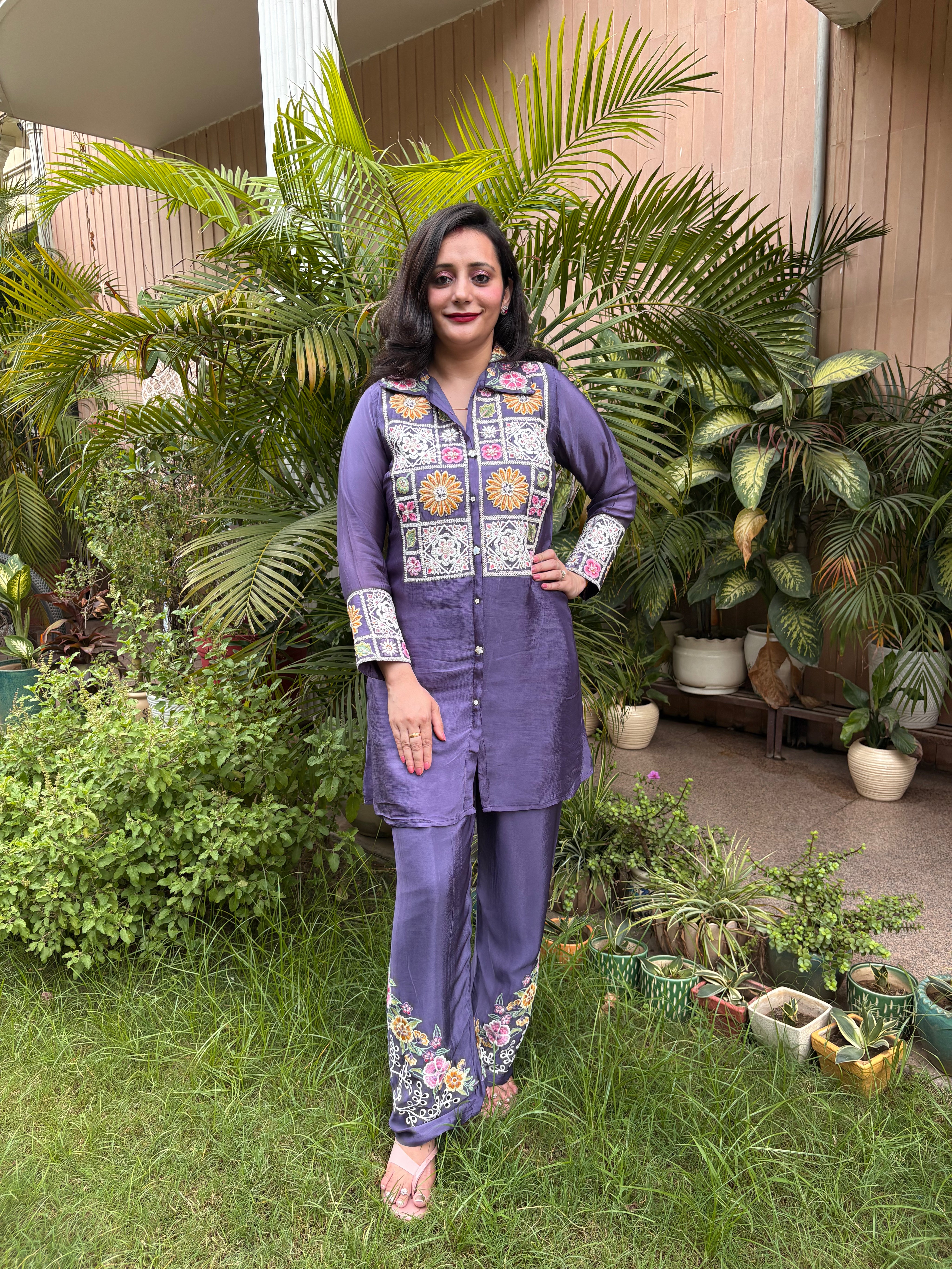Stylish Purple Chinon Collared Co-Ord Set with Embroidery