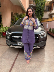 Stylish Purple Chinon Collared Co-Ord Set with Embroidery