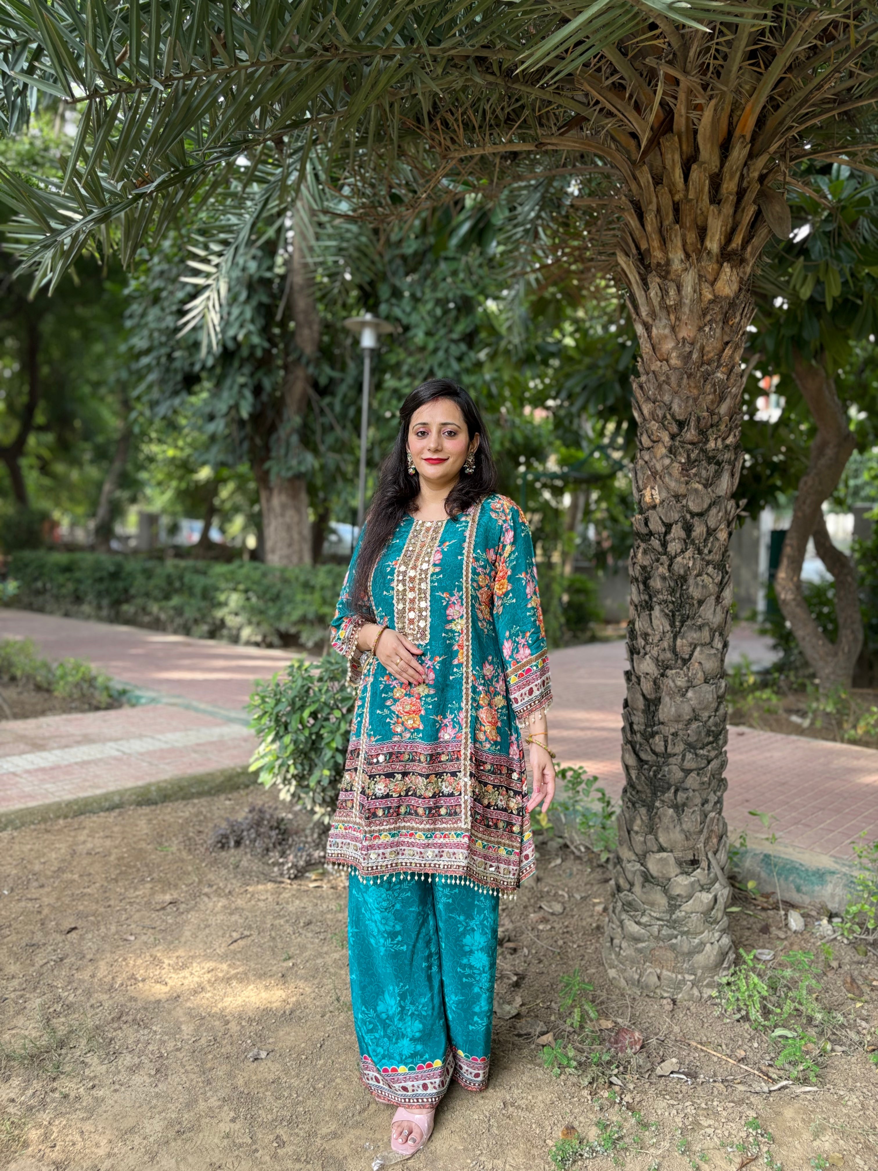 💙 Teal Crepe A-Line Short Shirt & Palazzo Set with Chinon Dupatta 💙