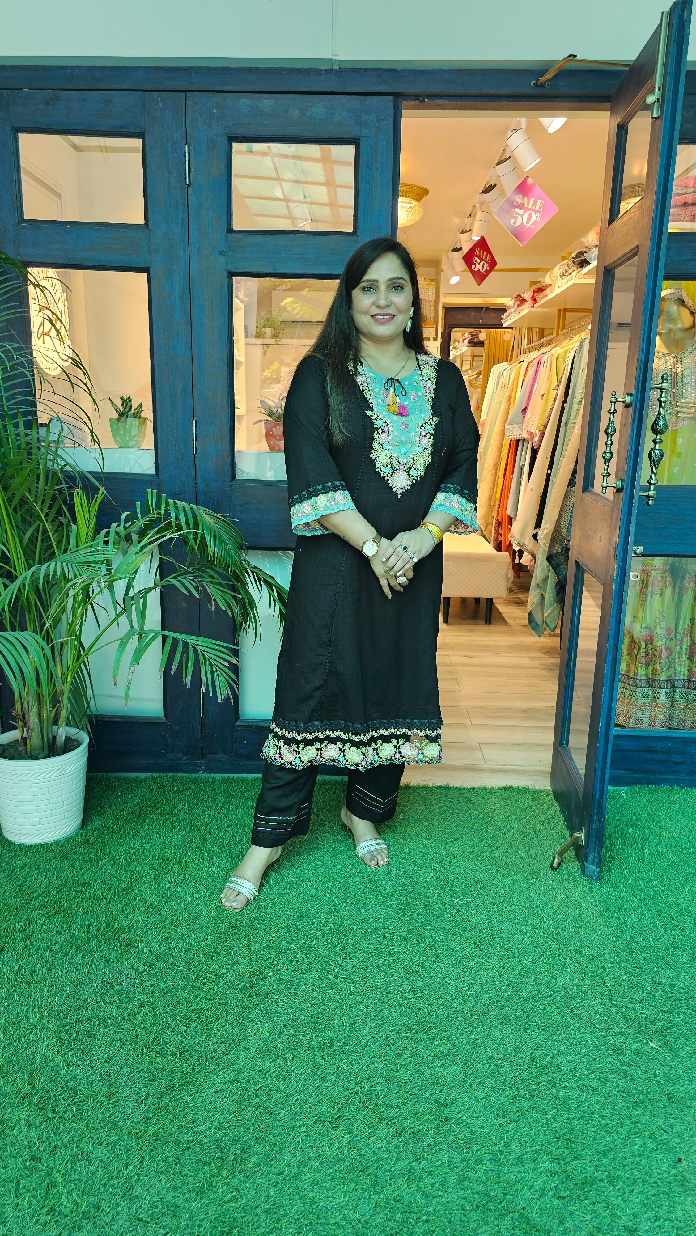 Elegant A-Line Cotton Kurta Set with Embroidery & Printed Tissue Linen Dupatta
