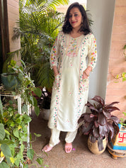 Elegant Off-White Silk Kurta Set with Colorful Resham Embroidery & Soft Organza Dupatta