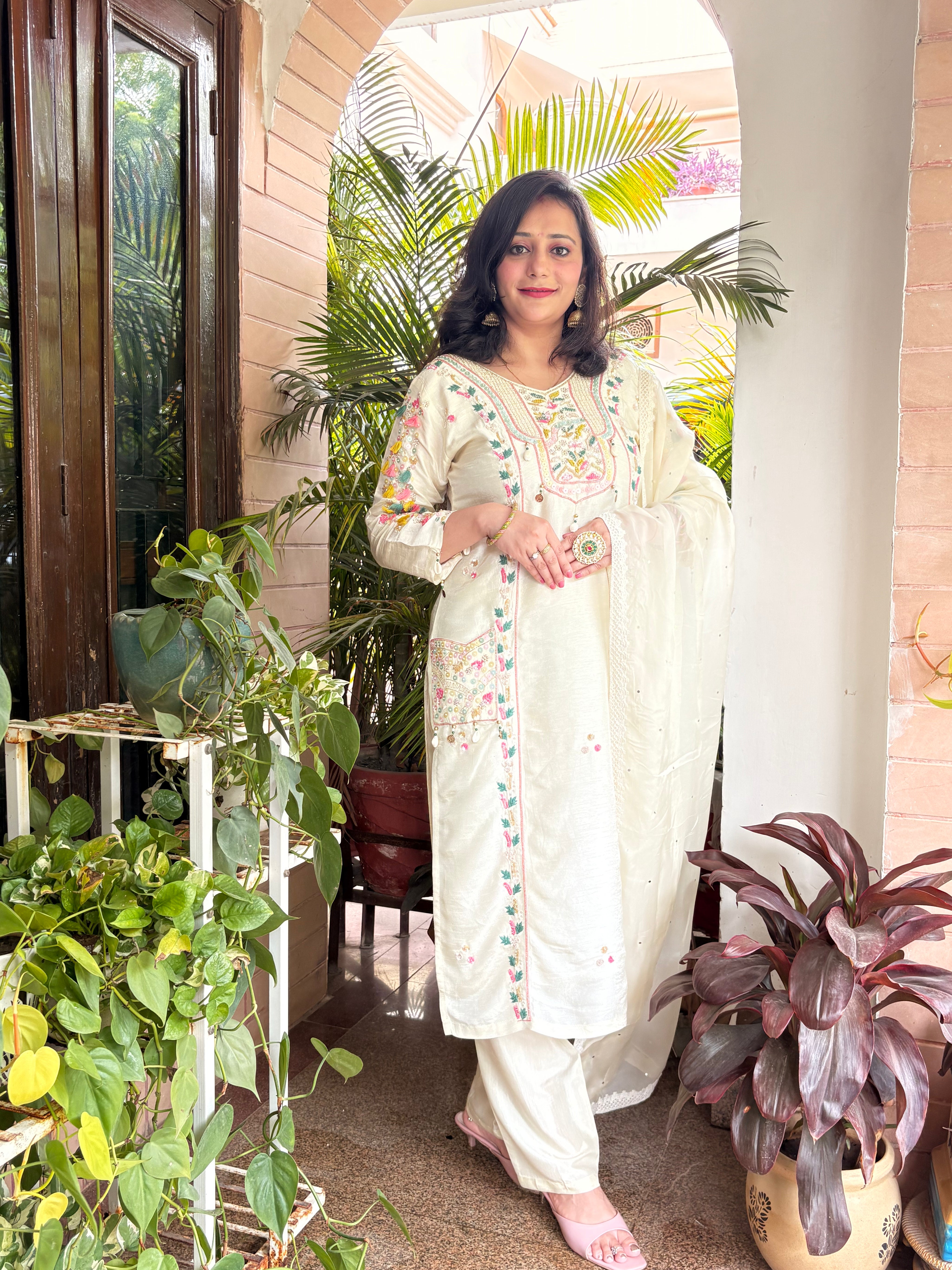 Elegant Off-White Silk Kurta Set with Colorful Resham Embroidery & Soft Organza Dupatta