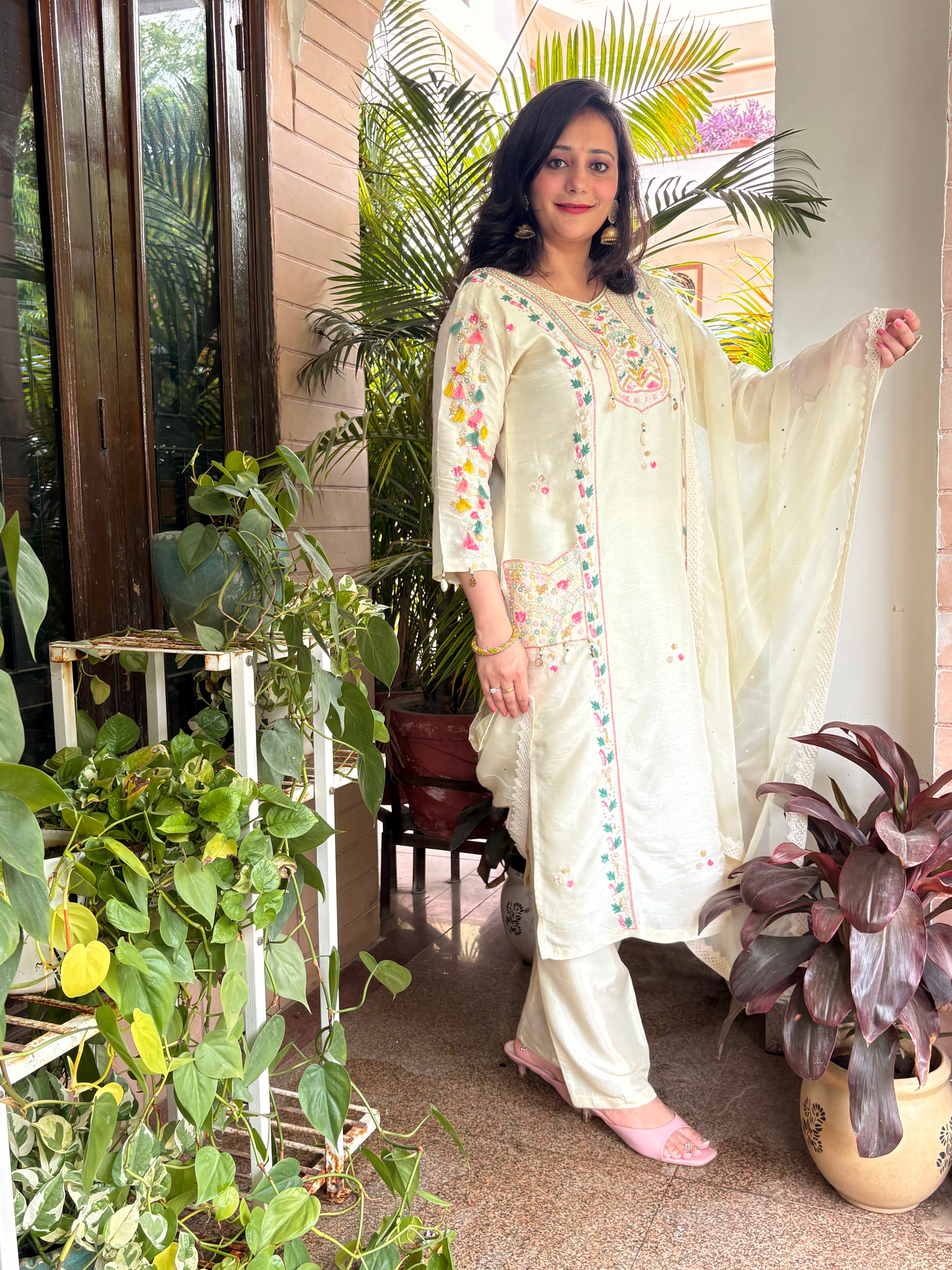 Elegant Off-White Silk Kurta Set with Colorful Resham Embroidery & Soft Organza Dupatta