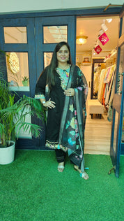 Elegant A-Line Cotton Kurta Set with Embroidery & Printed Tissue Linen Dupatta