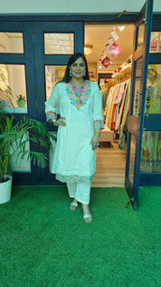 Elegant A-Line Cotton Kurta Set with Embroidery & Printed Tissue Linen Dupatta