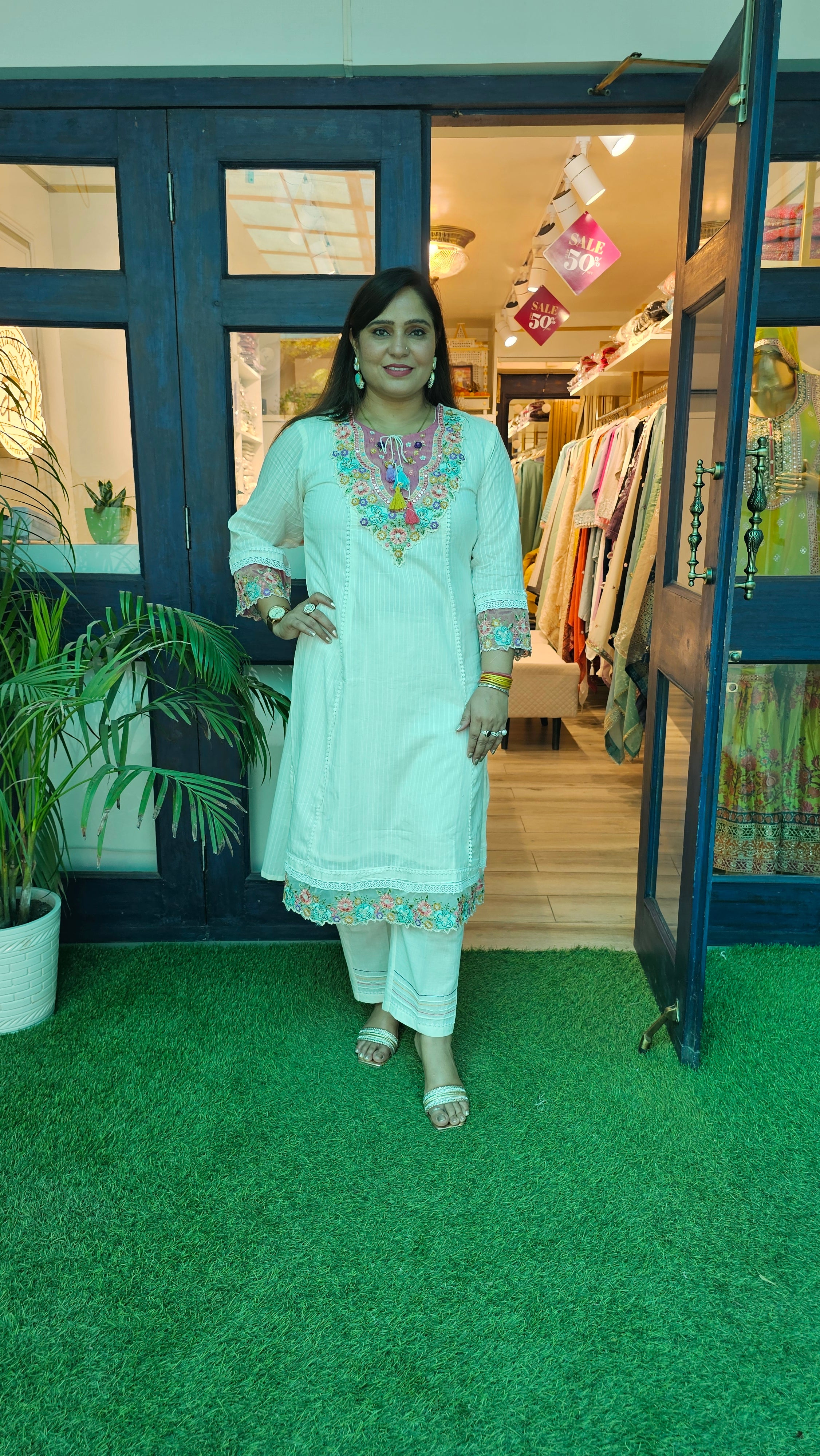 Elegant A-Line Cotton Kurta Set with Embroidery & Printed Tissue Linen Dupatta