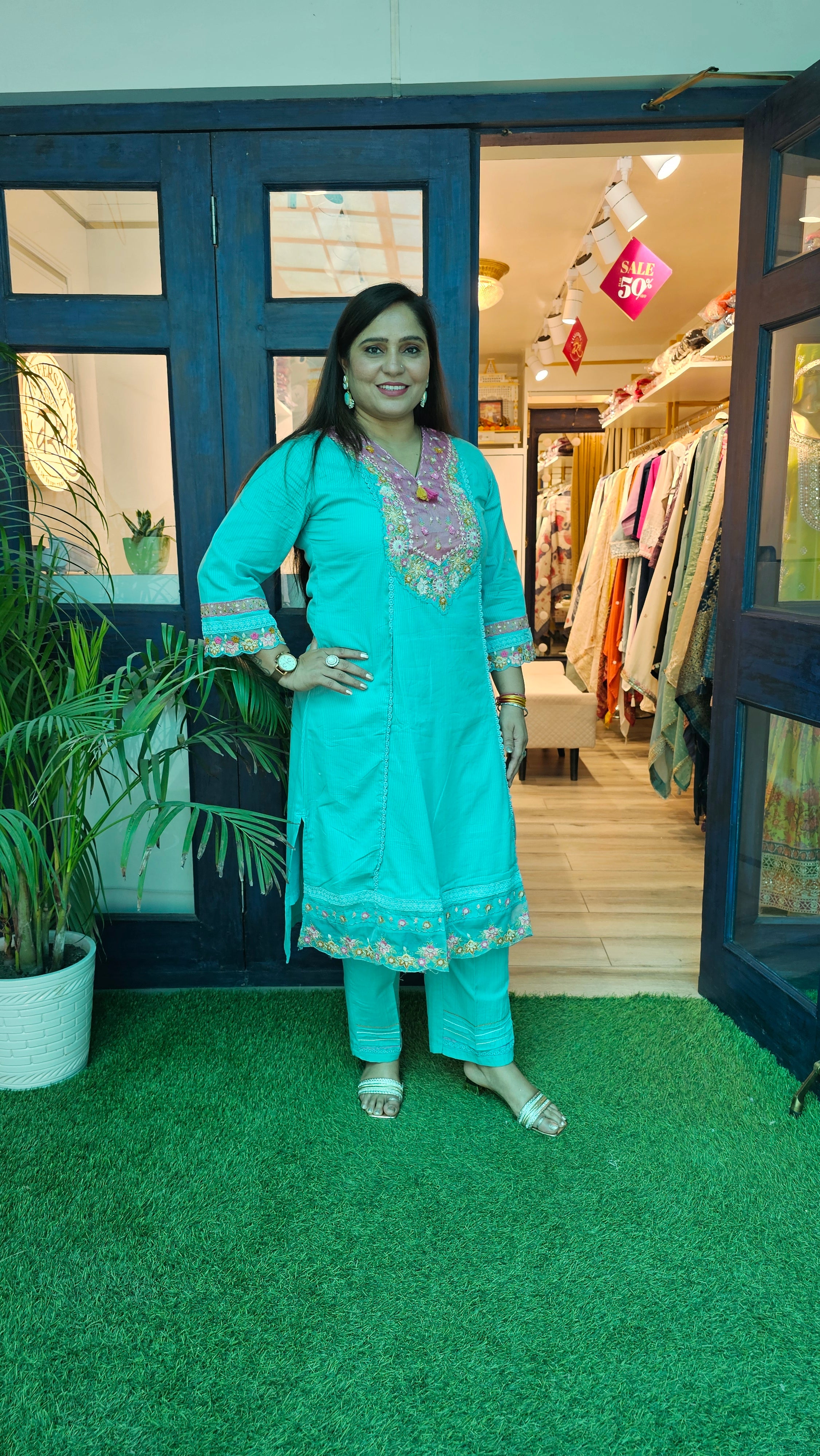 Elegant A-Line Cotton Kurta Set with Embroidery & Printed Tissue Linen Dupatta