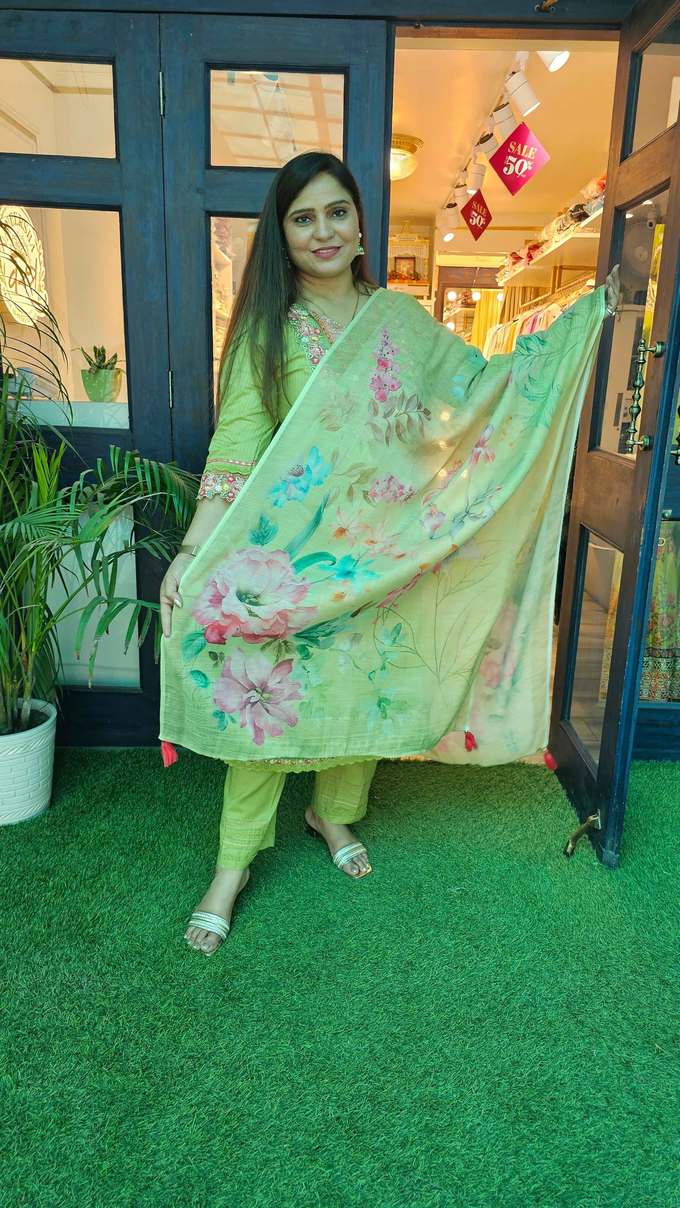 Elegant A-Line Cotton Kurta Set with Embroidery & Printed Tissue Linen Dupatta