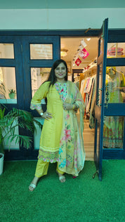 Elegant A-Line Cotton Kurta Set with Embroidery & Printed Tissue Linen Dupatta